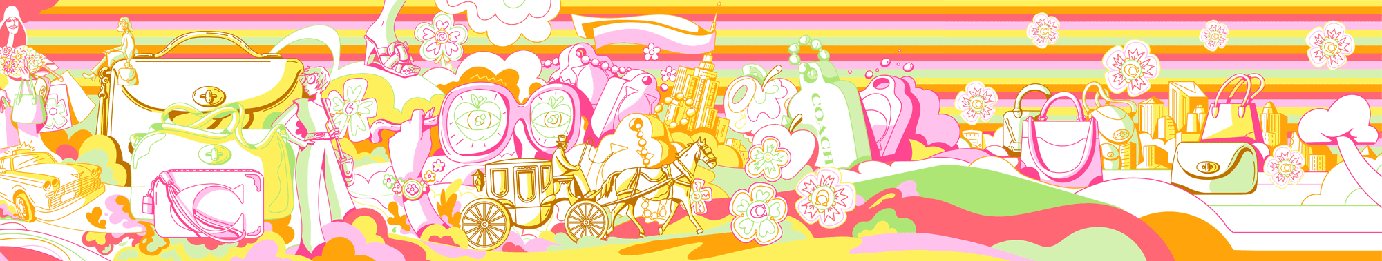 Coach flagship store installation illustration by [Your Name] – vibrant pop art mural featuring New York City skyline, vintage taxi cab, horse-drawn carriage, pearl necklace, and floral motifs in yellow, pink and orange for Coach retail
