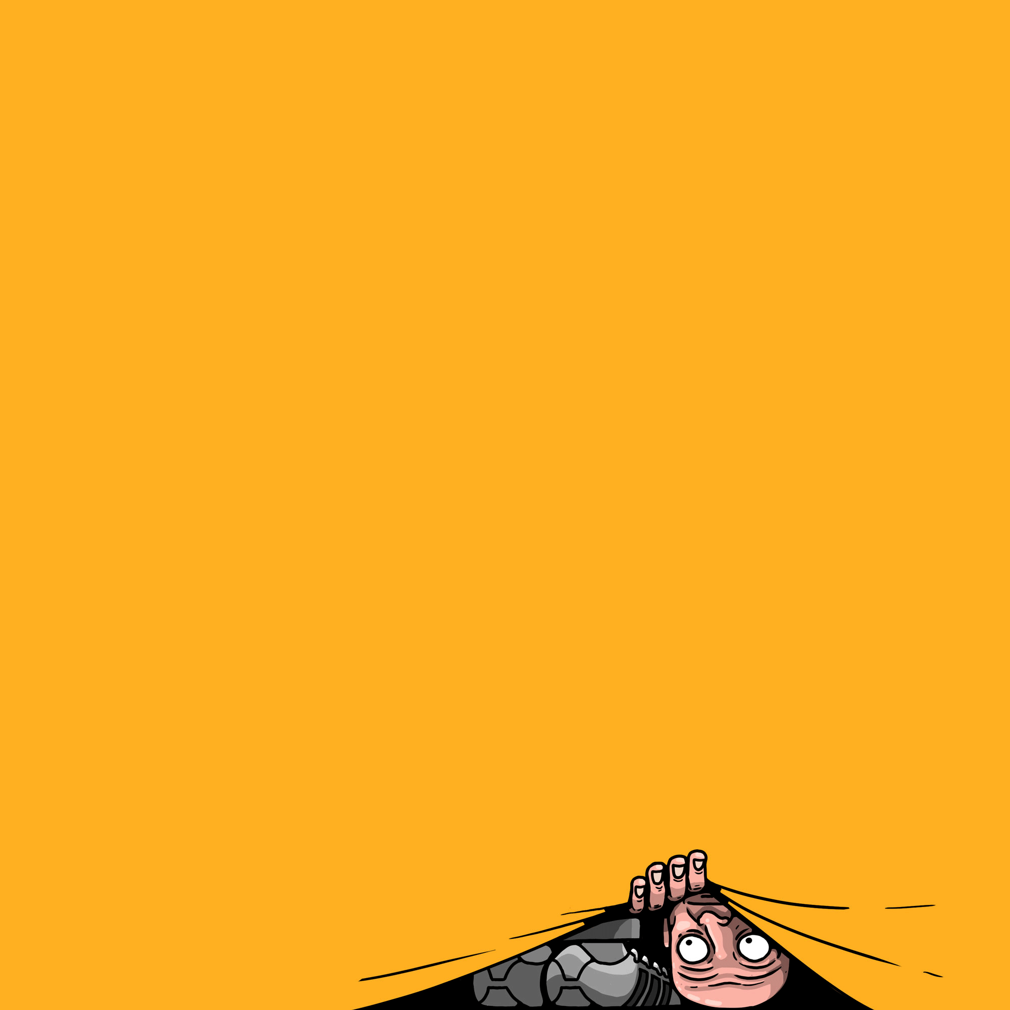 Peek-a-Boo illustration by Chris Martin – minimalist cartoon of a wide-eyed figure peeking through a gap from below against a solid amber background, personal print artwork