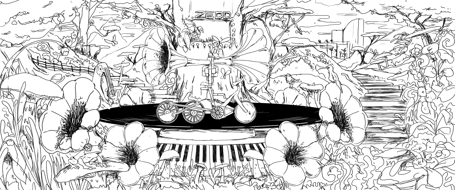 Piano and vinyl record garden concept illustration by Chris Martin for Resorts World Las Vegas – surreal music-themed set design featuring giant gramophone, bicycle wheels and flowers, concept art for PSYOP production