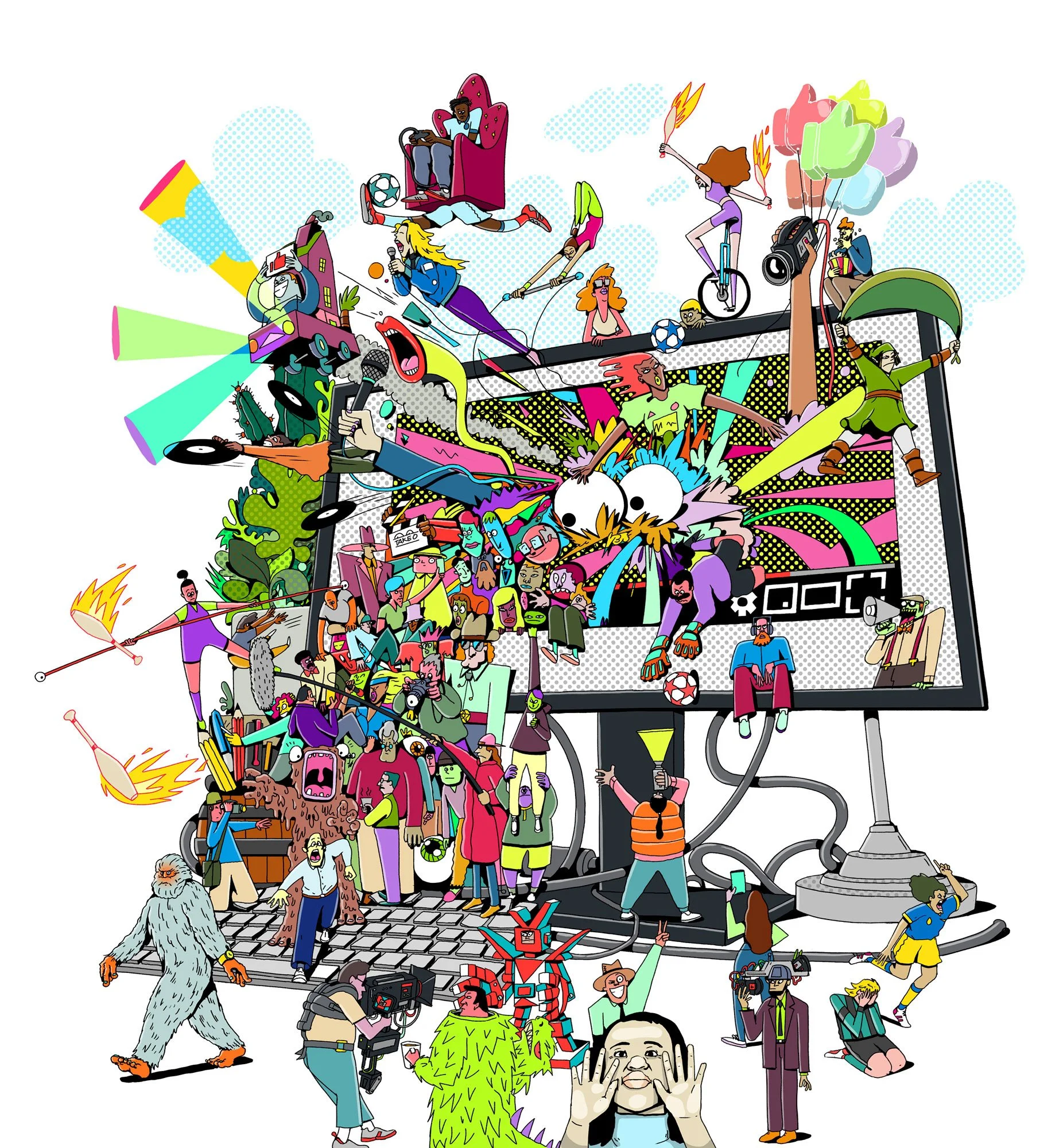 The Observer Guardian editorial illustration by Chris Martin – vibrant pop art crowd scene erupting from a television screen featuring diverse characters, sports, music and performance, commercial newspaper artwork