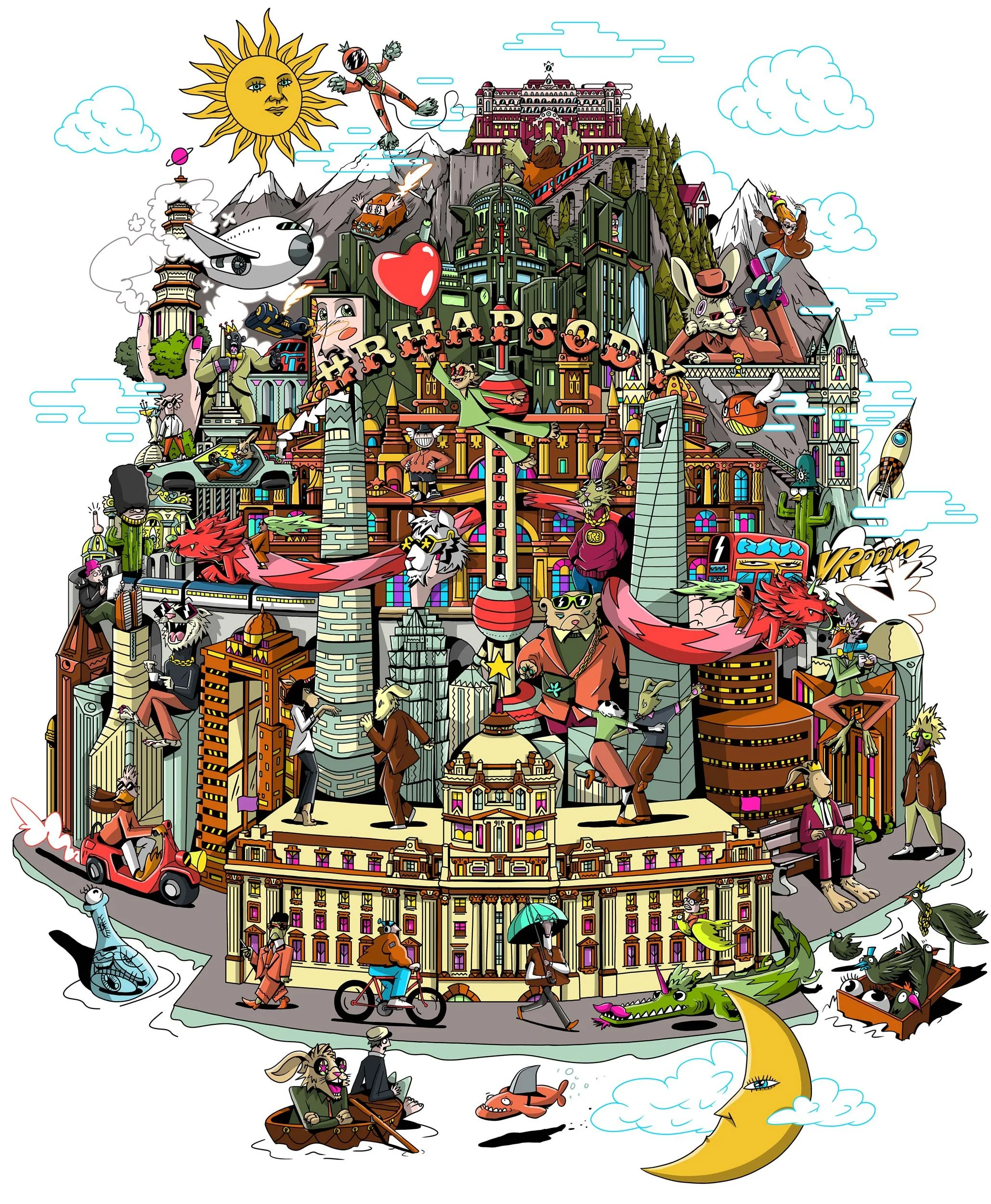Trendiano fashion apparel illustration by Chris Martin – vibrant editorial cityscape featuring the Rhapsody building packed with surreal animal characters, dragons and cartoon figures, commercial fashion artwork for Asian apparel brand