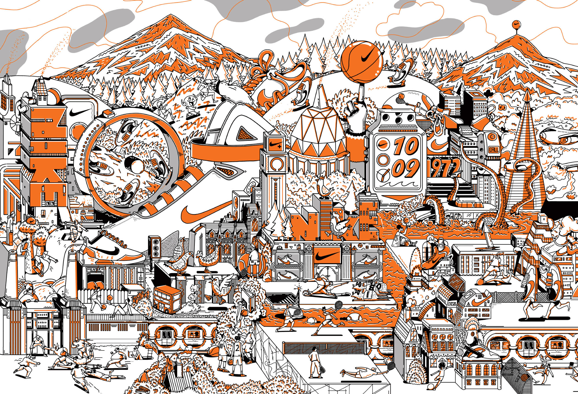 Nike Portland mural main illustration by Chris Martin – panoramic orange and black line art cityscape packed with Nike branding, trainers, athletes and Portland landmarks, commercial mural design for Nike