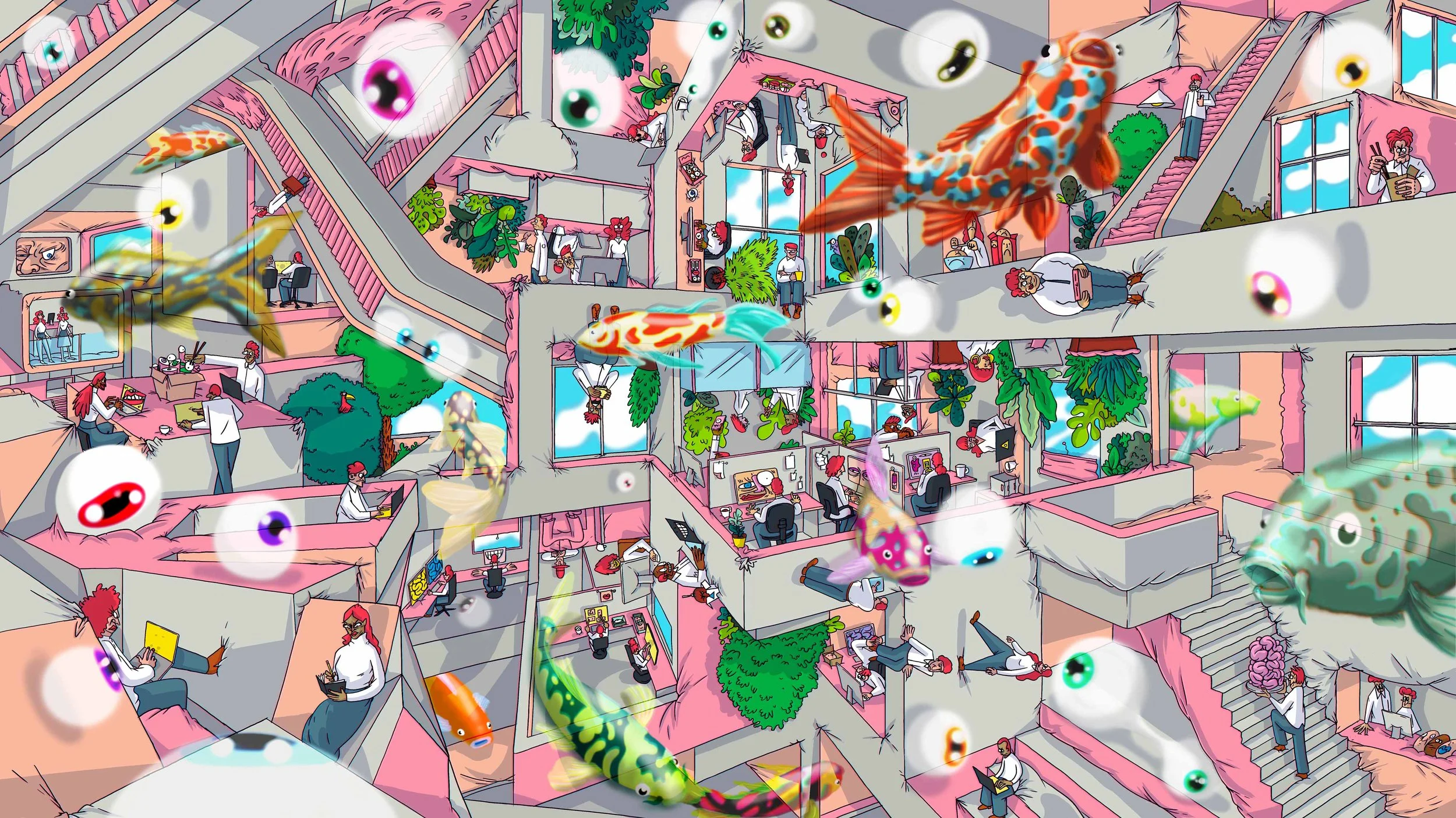 Sushi for Lunch editorial illustration by Chris Martin – surreal Escher-inspired digital painting featuring floating koi fish and eyeballs in a pink multi-level office building, commercial illustration