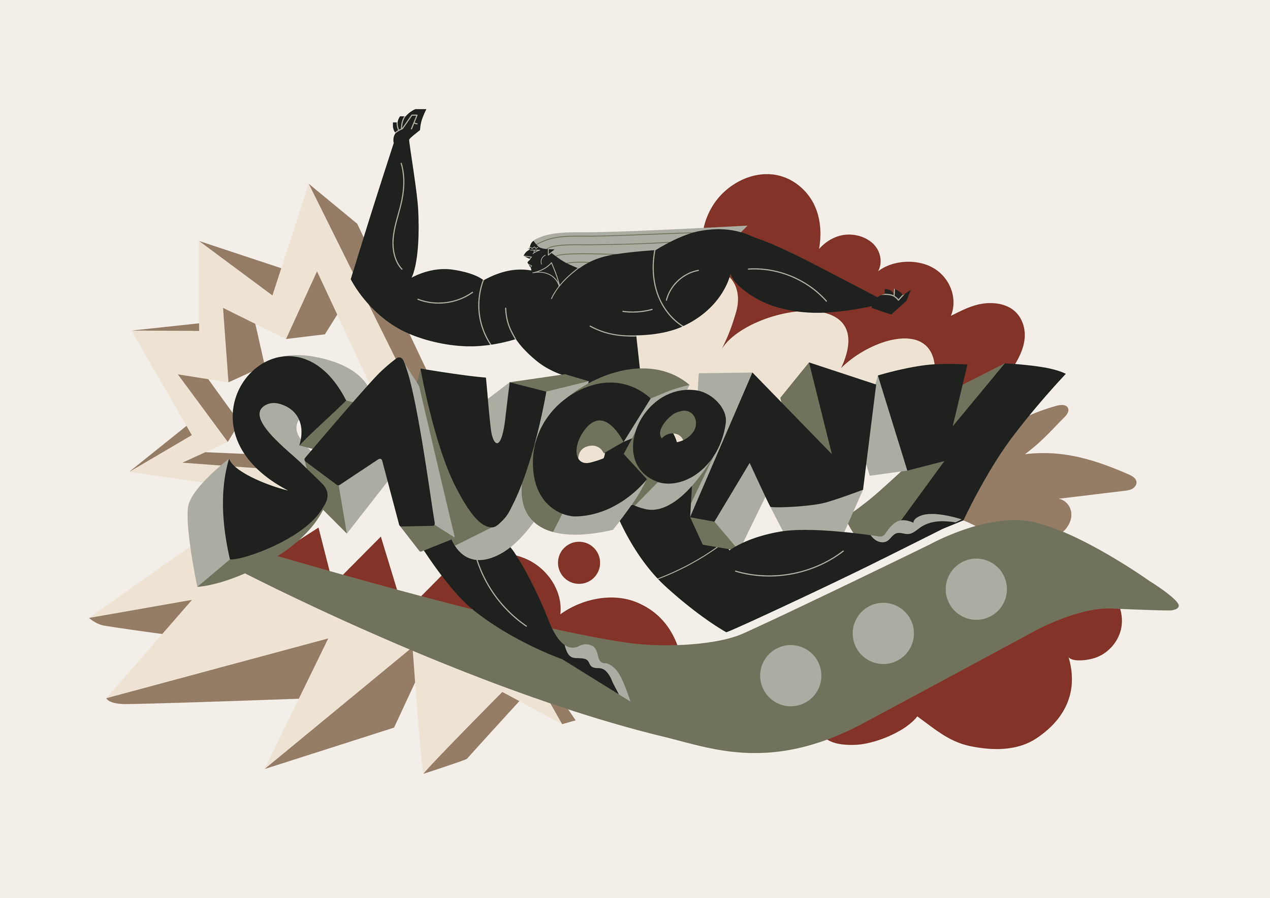 Saucony illustrated capsule collection collaboration with Chris Martin – featuring retro cubist graffiti typography, saucony logo, and abstract runner,  in a muted vintage colour palette commercial collaboration with Saucony in China