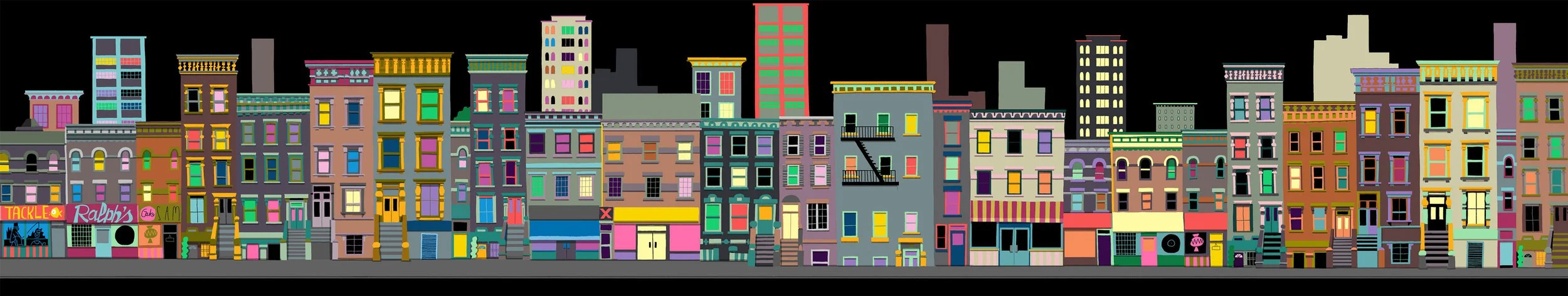 Animation background cityscape illustration by Chris Martin – wide flat-colour New York style street facade of densely packed brownstone buildings and shopfronts in muted pastels, animation concept art