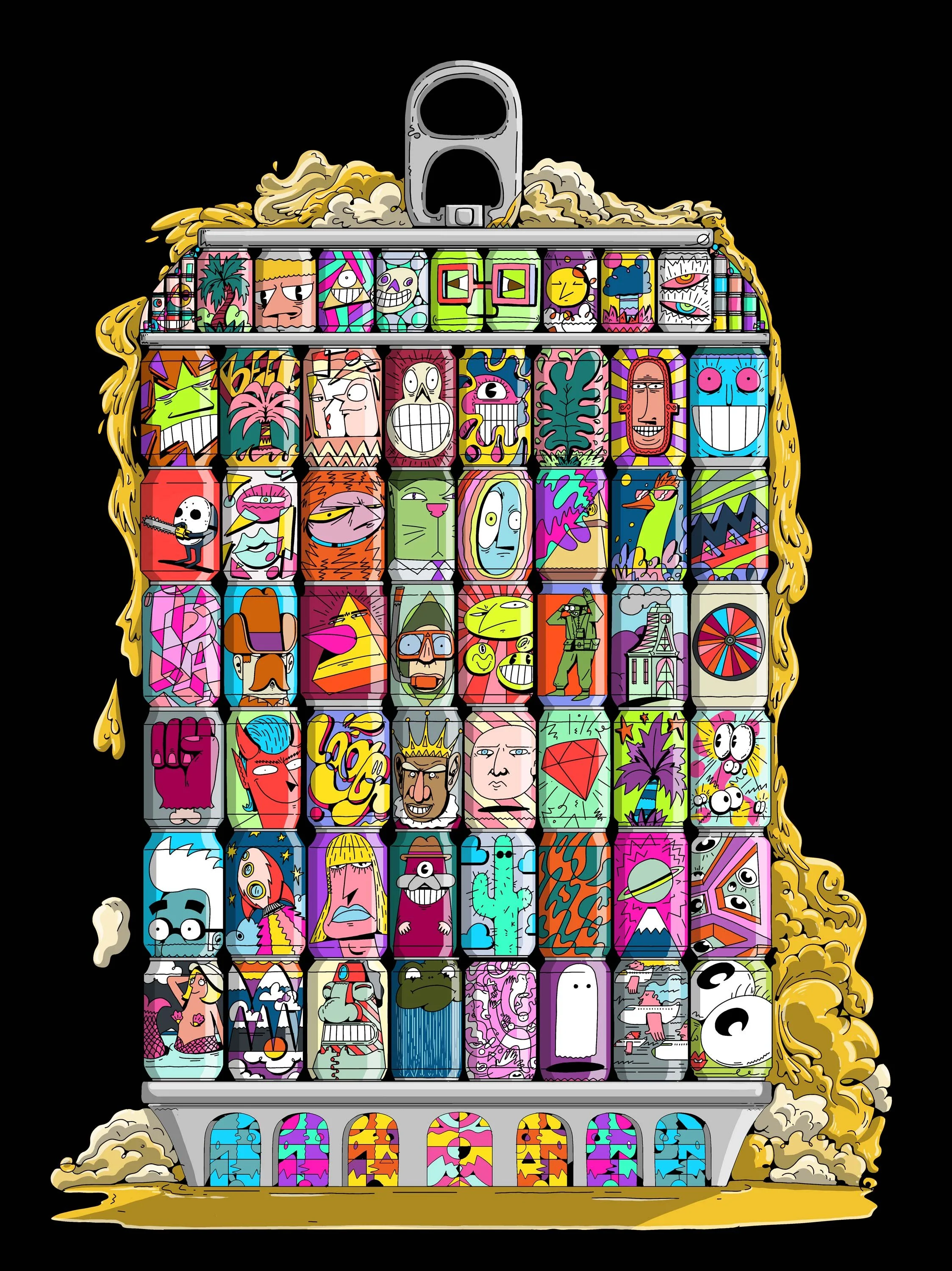 House of Cans beer label illustration by Chris Martin – towering stack of individually illustrated beer cans each featuring unique pop art character designs in vivid colours, commercial craft beer packaging artwork