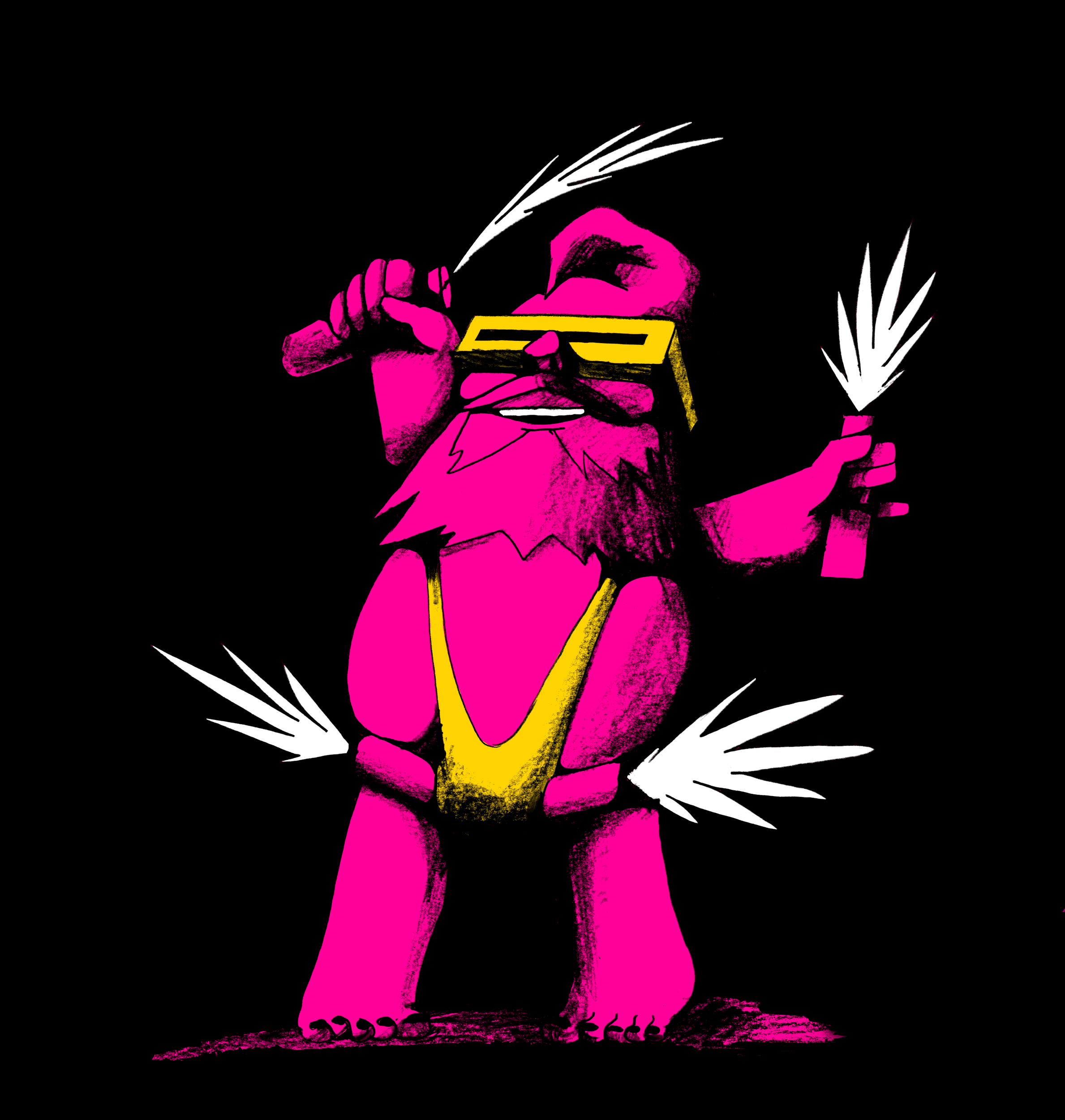 Party Gnome fireworks illustration by Chris Martin – bold pink and yellow bearded gnome character holding sparklers on black background, personal print artwork