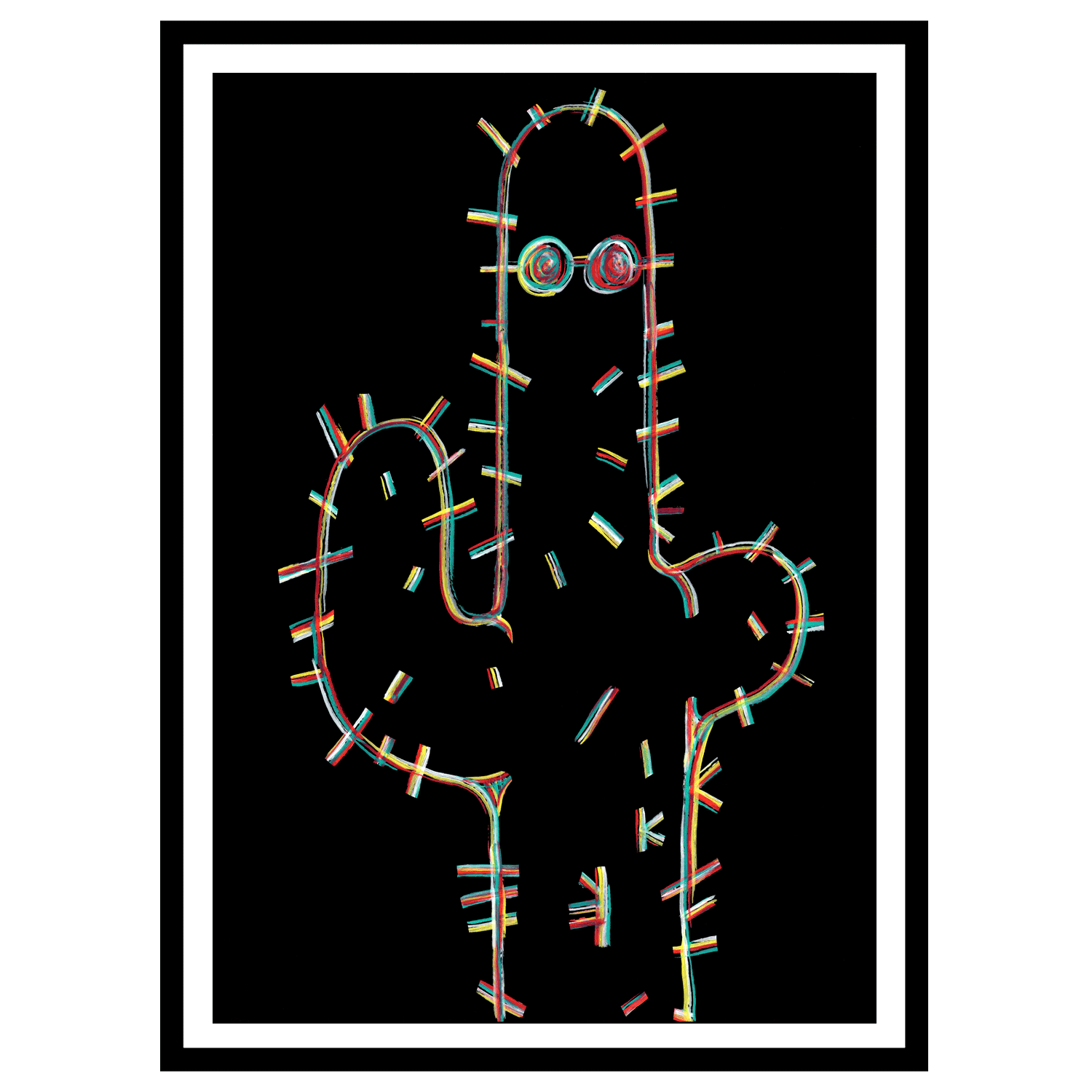 Giclee art print of a psychedelic illustrated cactus with chromatic RGB line work in red, teal and yellow on a black background, wearing round spiral glasses