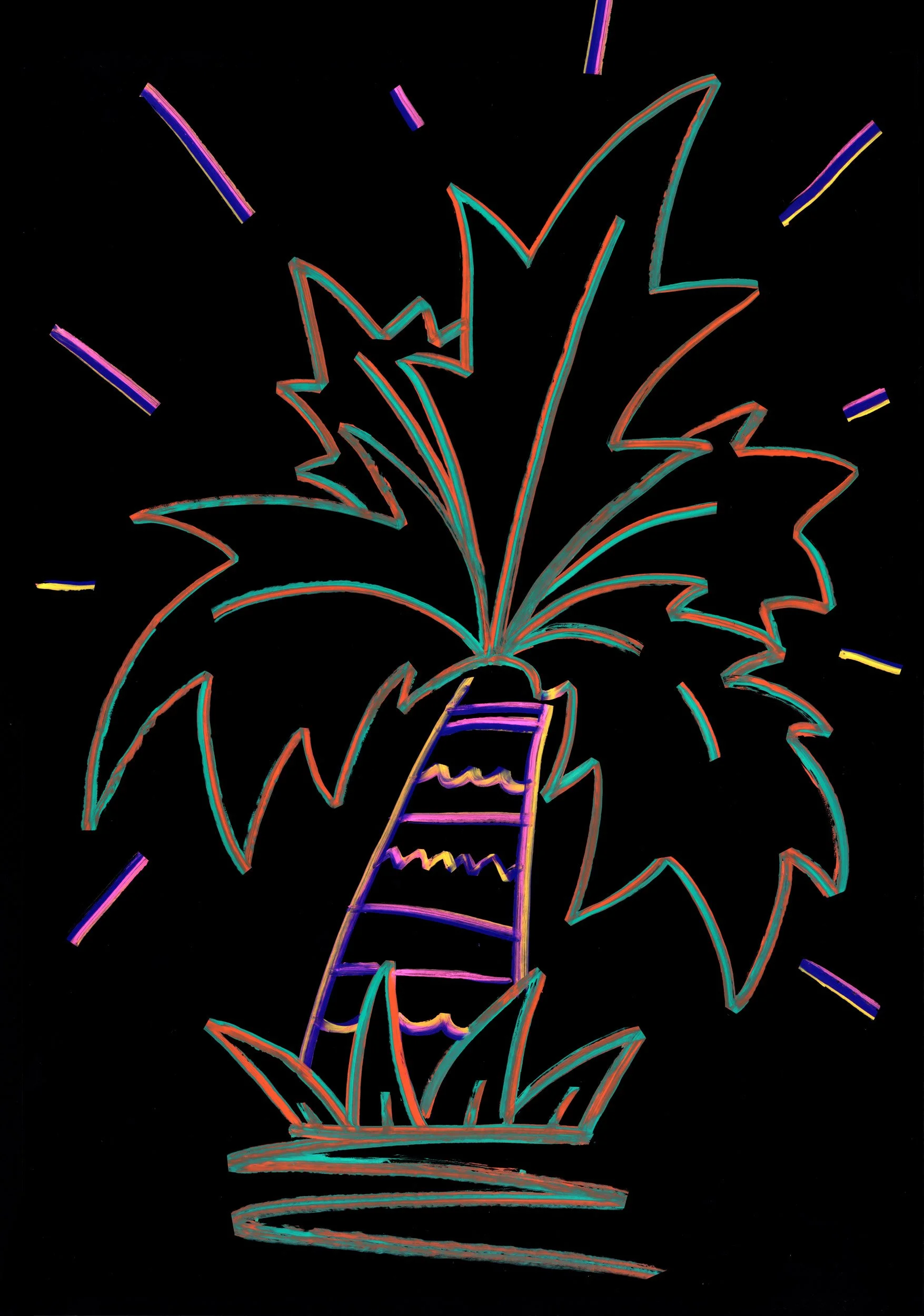 Palm Tree Disco oil stick painting by Chris Martin – neon multicolour line drawing of a tropical palm tree with a DJ speaker at its base on black background, personal mixed media artwork