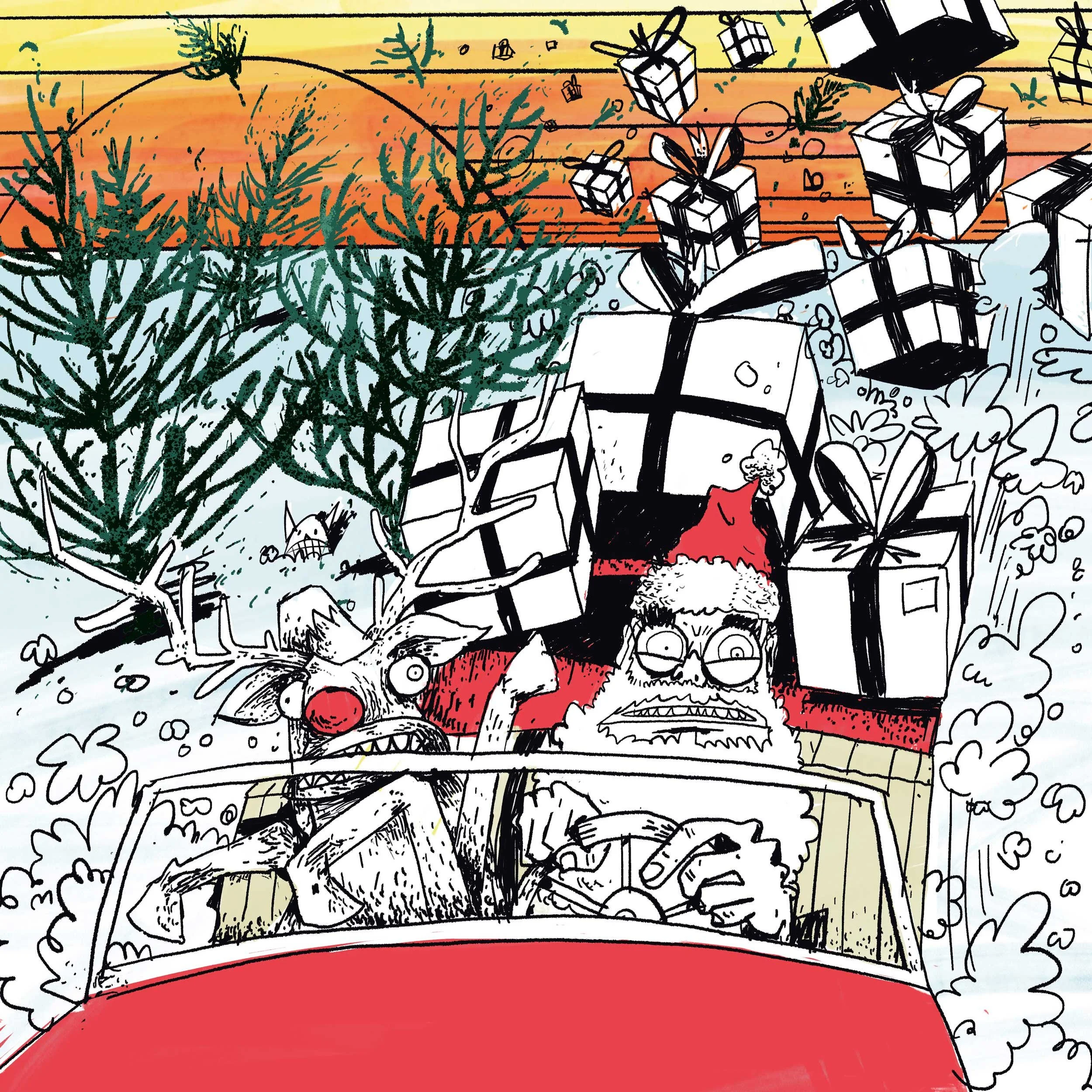 RSA Films Christmas card illustration by Chris Martin – chaotic Steadman-inspired ink drawing of a frantic Santa and reindeer speeding in a car piled high with gifts, commercial festive artwork