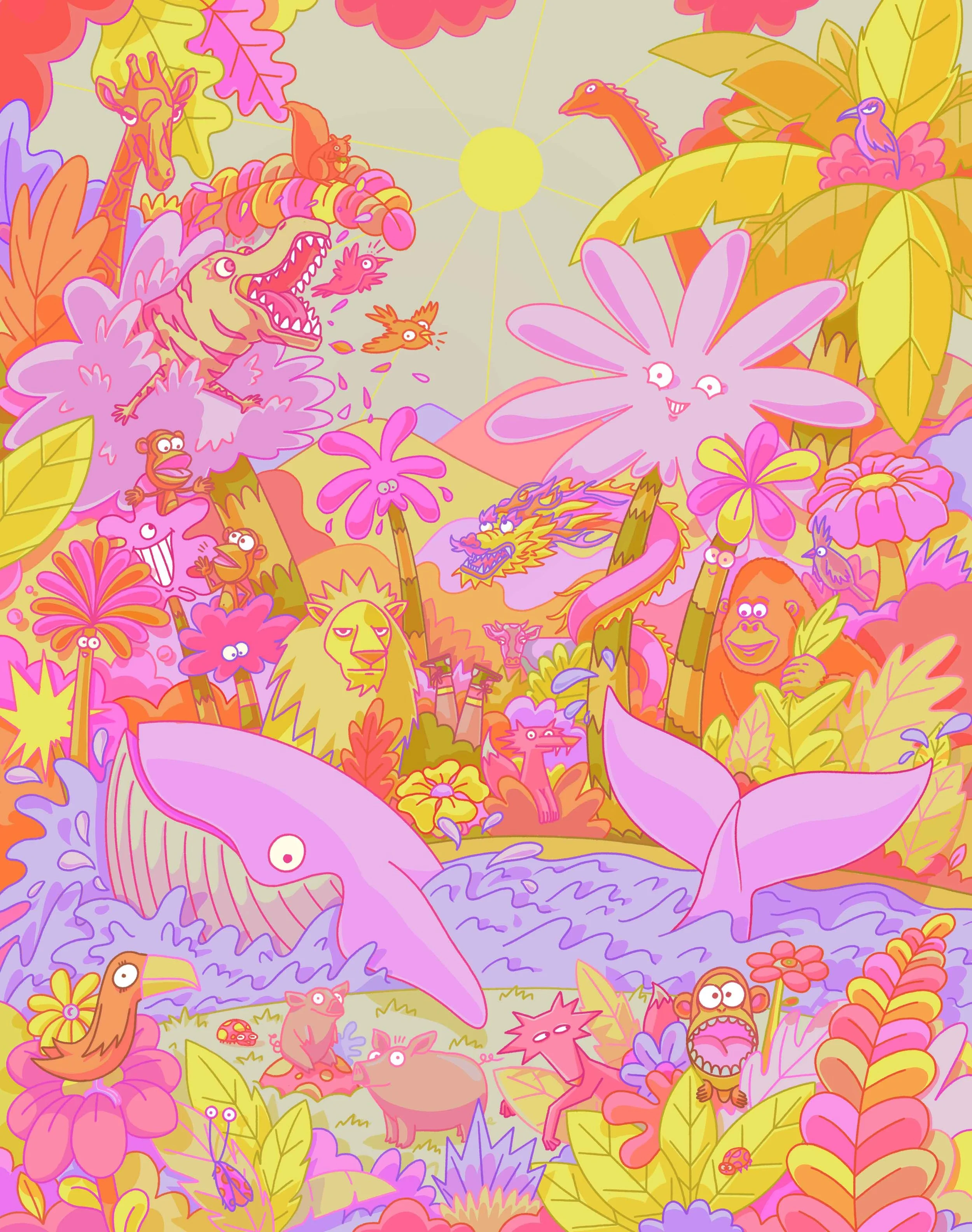 Birthday screen print illustration by Chris Martin for Bicep – vibrant pink and yellow jungle scene packed with cartoon animals including a whale, T-Rex, giraffe, dragon, monkeys and tropical flowers, personal gift screen print artwork