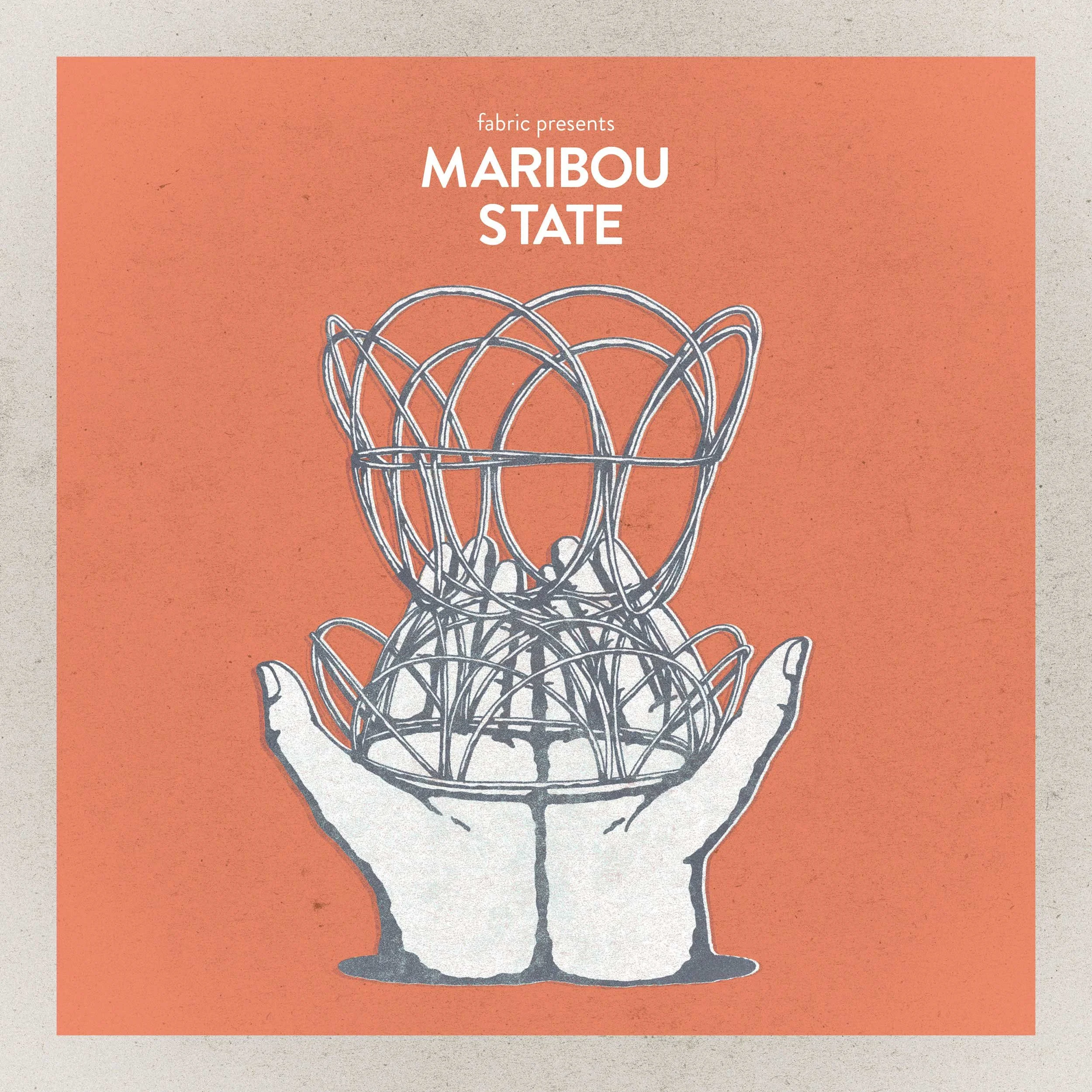 Fabric presents Maribou State record sleeve illustration by Chris Martin – minimal screen print style artwork featuring cupped hands holding an abstract wire structure on terracotta background, commercial music packaging design