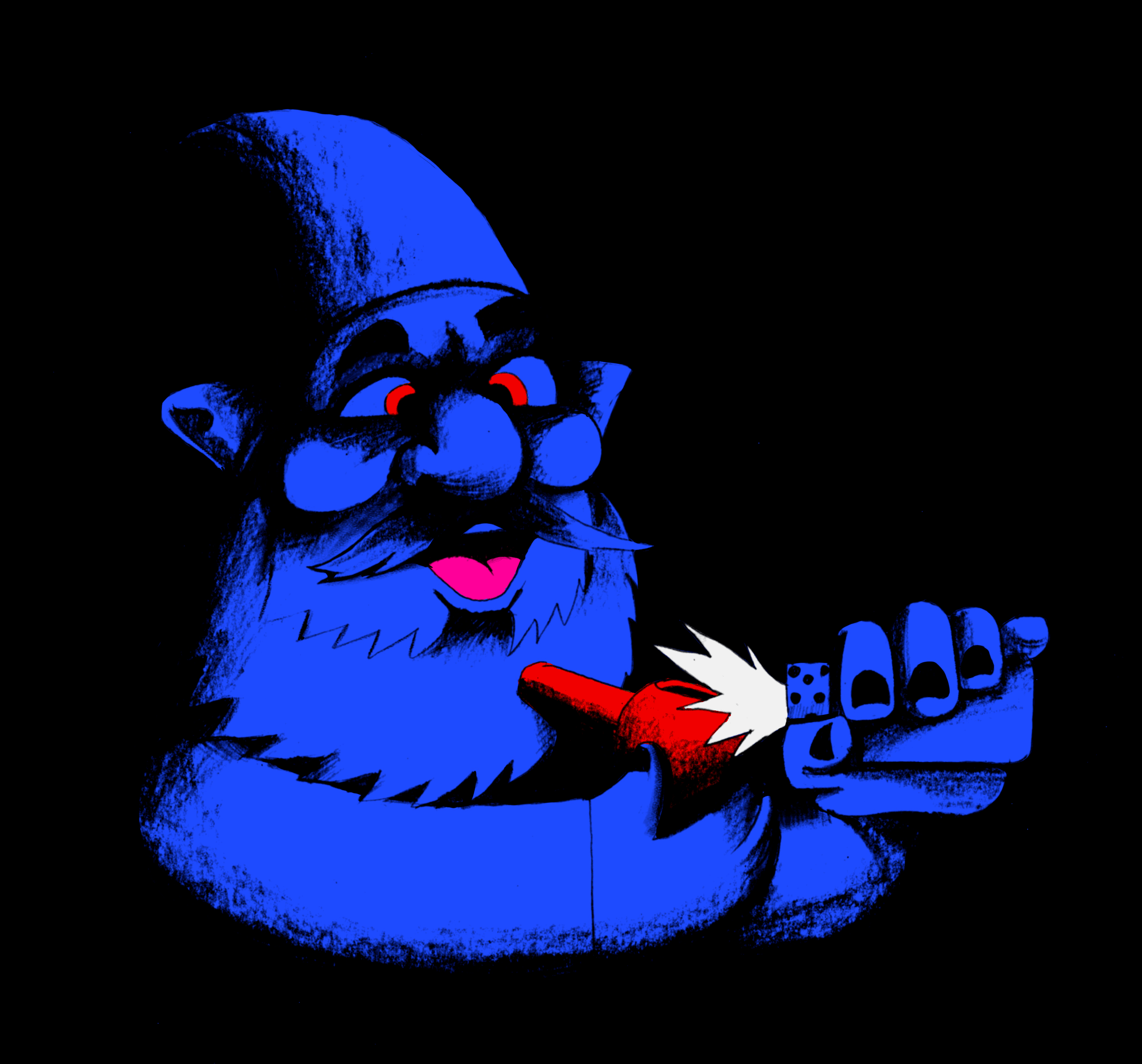 Party Gnome illustration by Chris Martin – bold blue and red character portrait of a grinning bearded gnome on black background, personal print artwork