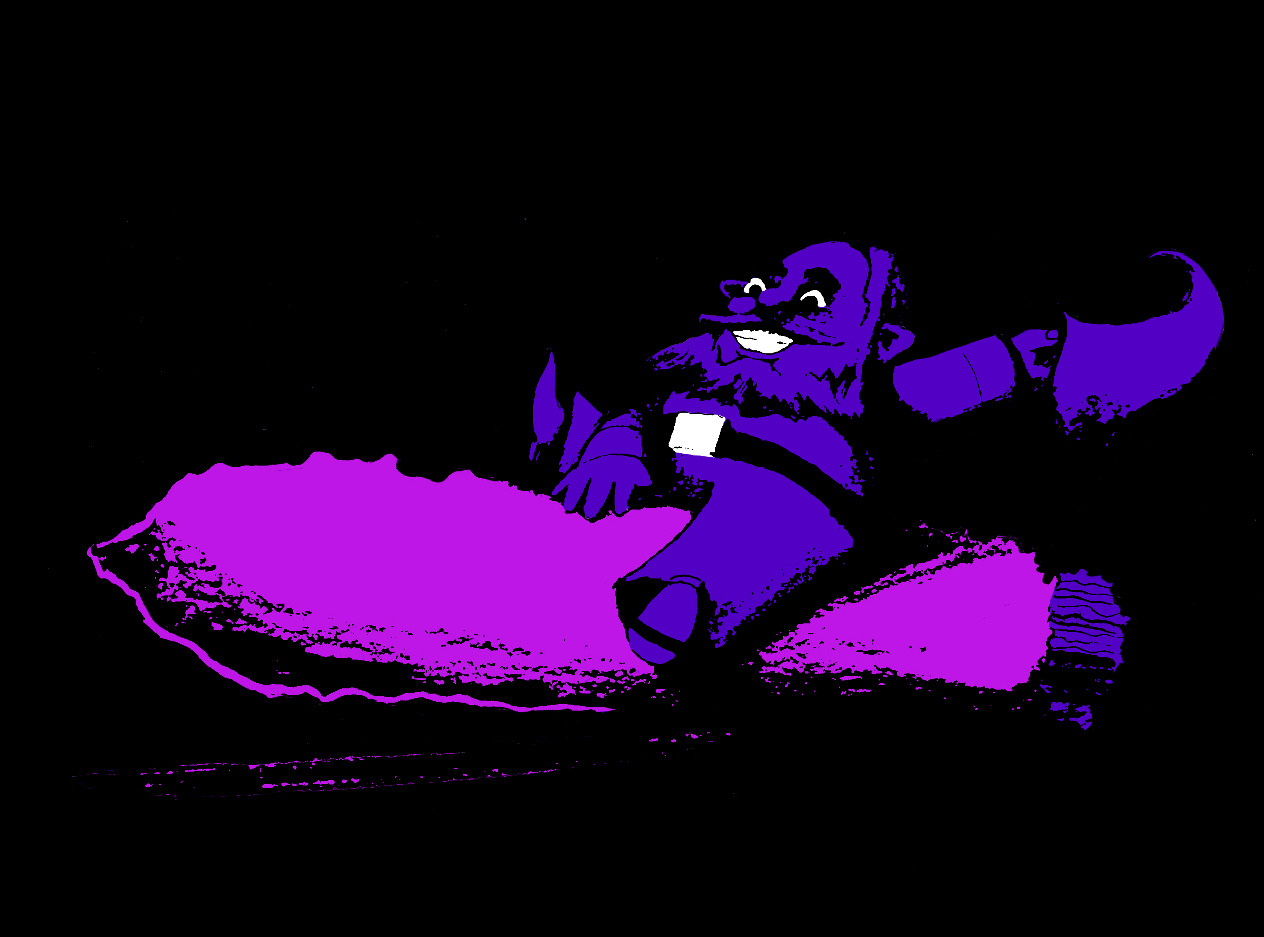 Party Gnome illustration by Chris Martin – bold purple gnome character reclining with a mischievous grin on black background, personal print artwork