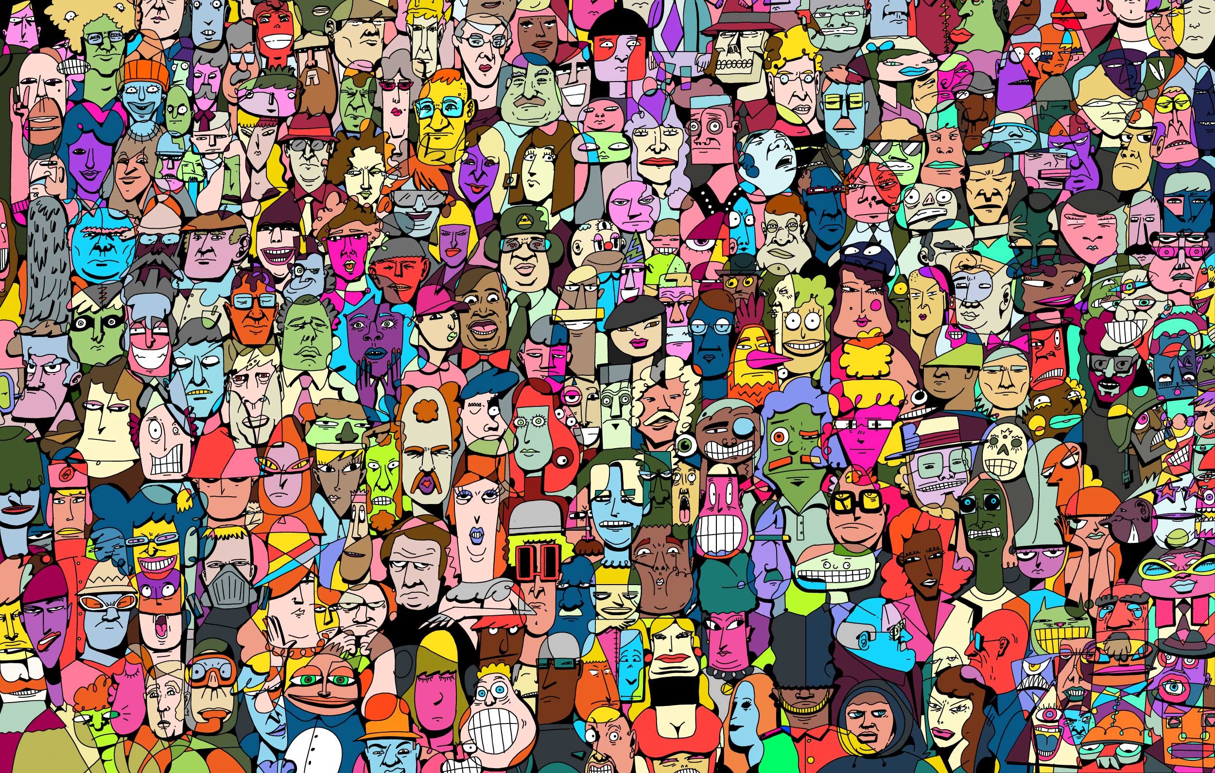 Faces print illustration by Chris Martin – densely packed crowd of hundreds of unique illustrated cartoon portrait characters in a vivid multicoloured palette, personal print artwork