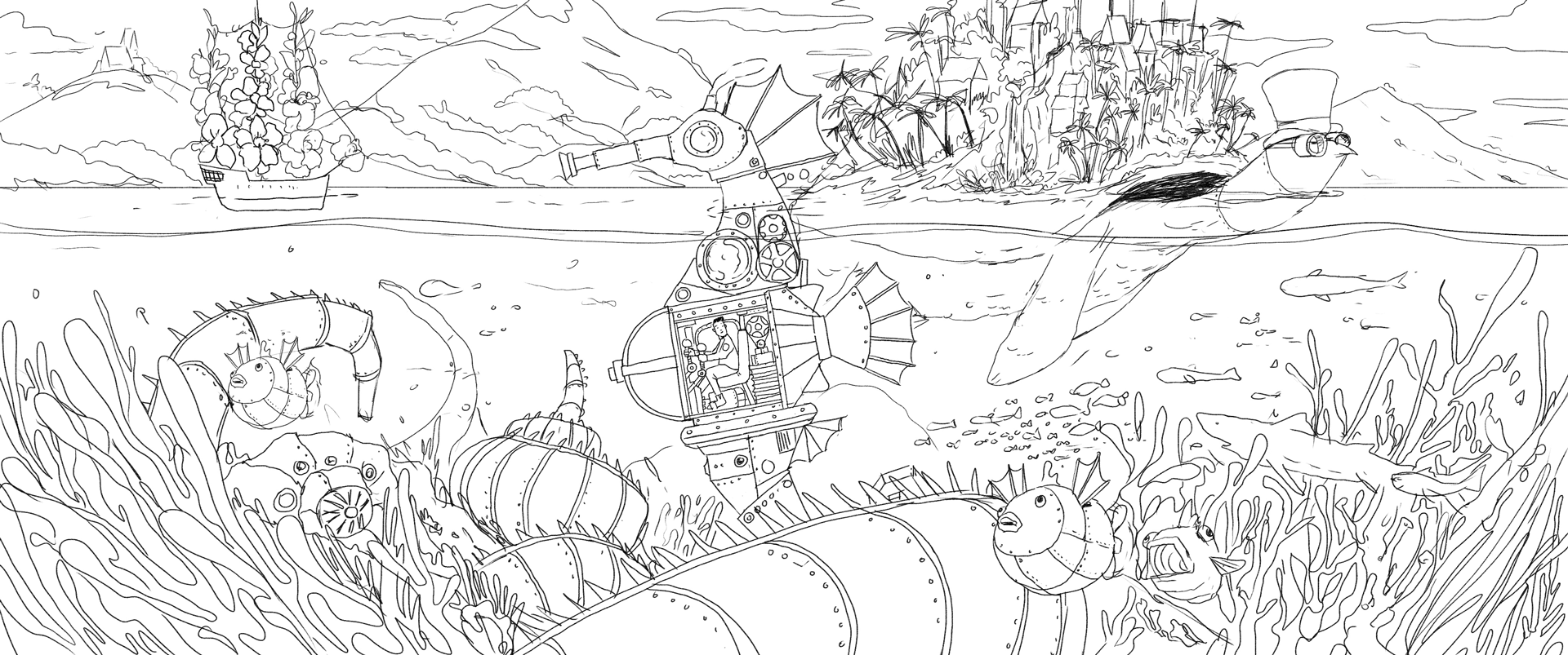 Underwater submarine and lake concept illustration by Chris Martin for Resorts World Las Vegas – line drawing of steampunk submarine, mechanical sea creatures and tropical island, set design concept art for PSYOP production