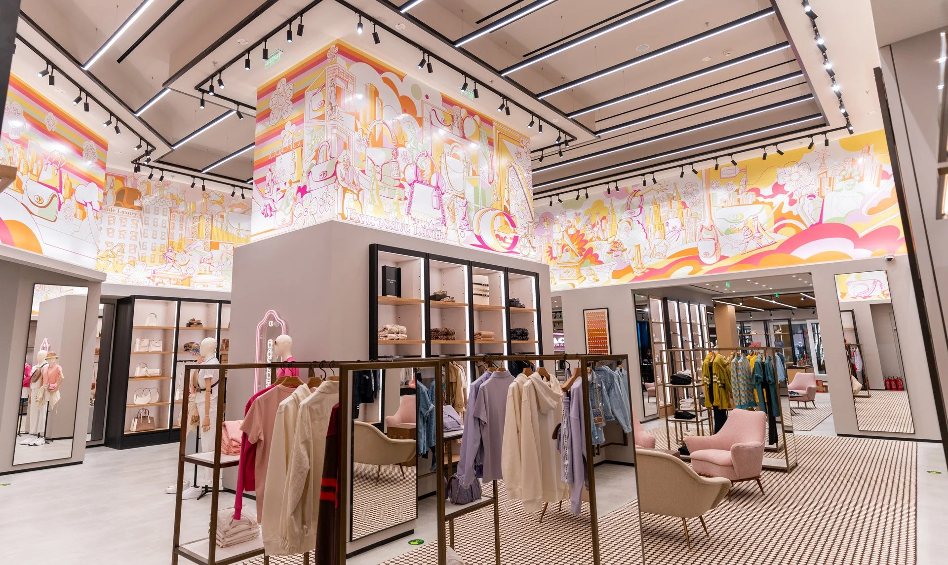 Coach flagship store installation illustration by Chris Martin – vibrant pop art mural featuring New York City skyline, vintage taxi cab, horse-drawn carriage, pearl necklace, and floral motifs in yellow, pink and orange for Coach Beijing Flagship