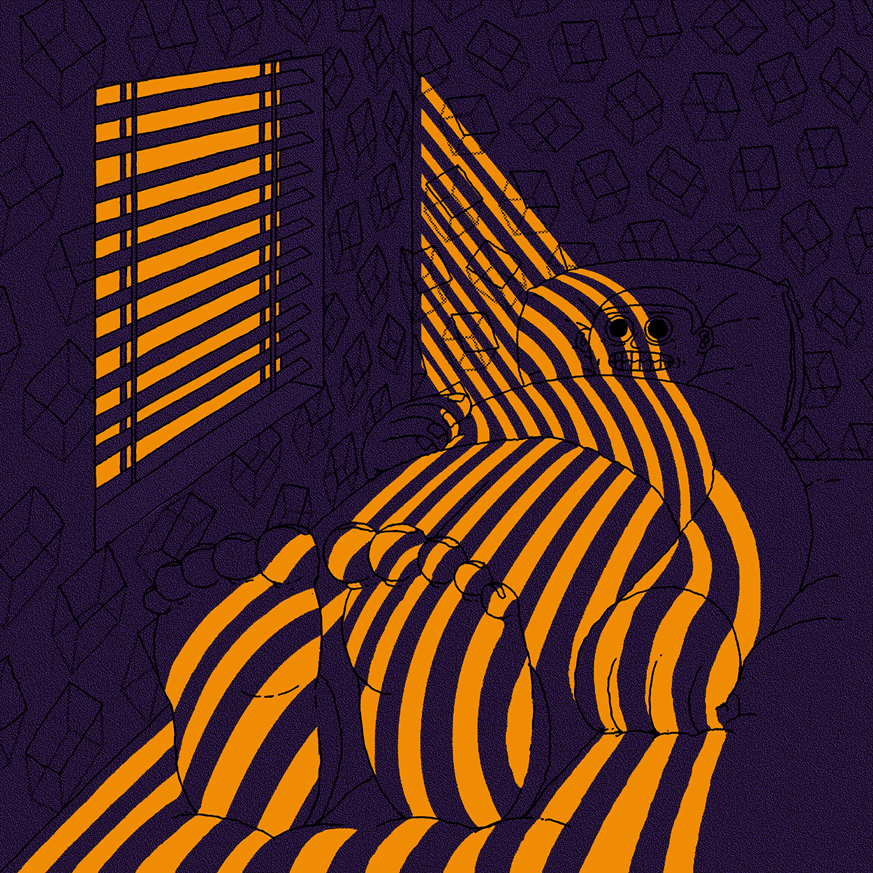 Insomniac illustration by Chris Martin – bold purple and orange geometric digital print of a sleepless figure curled in an armchair by a window at night, personal lockdown artwork
