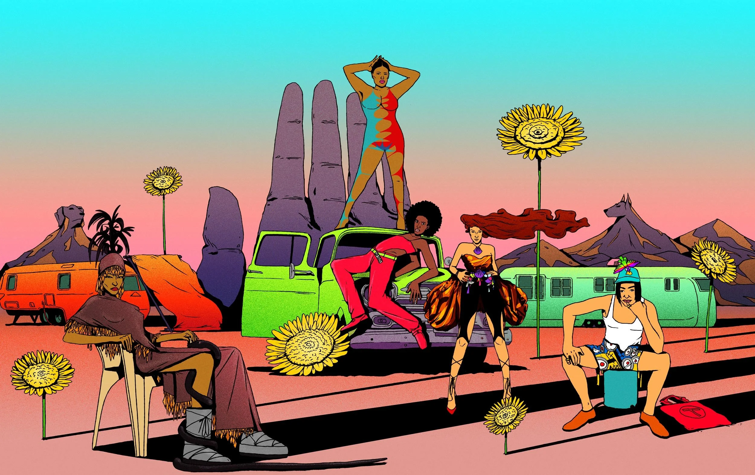 Desert fashion shoot illustration by Chris Martin – Moebius-inspired digital painting featuring diverse fashion figures posing against a psychedelic sunset landscape with a giant stone hand sculpture and sunflowers, personal fashion artwork