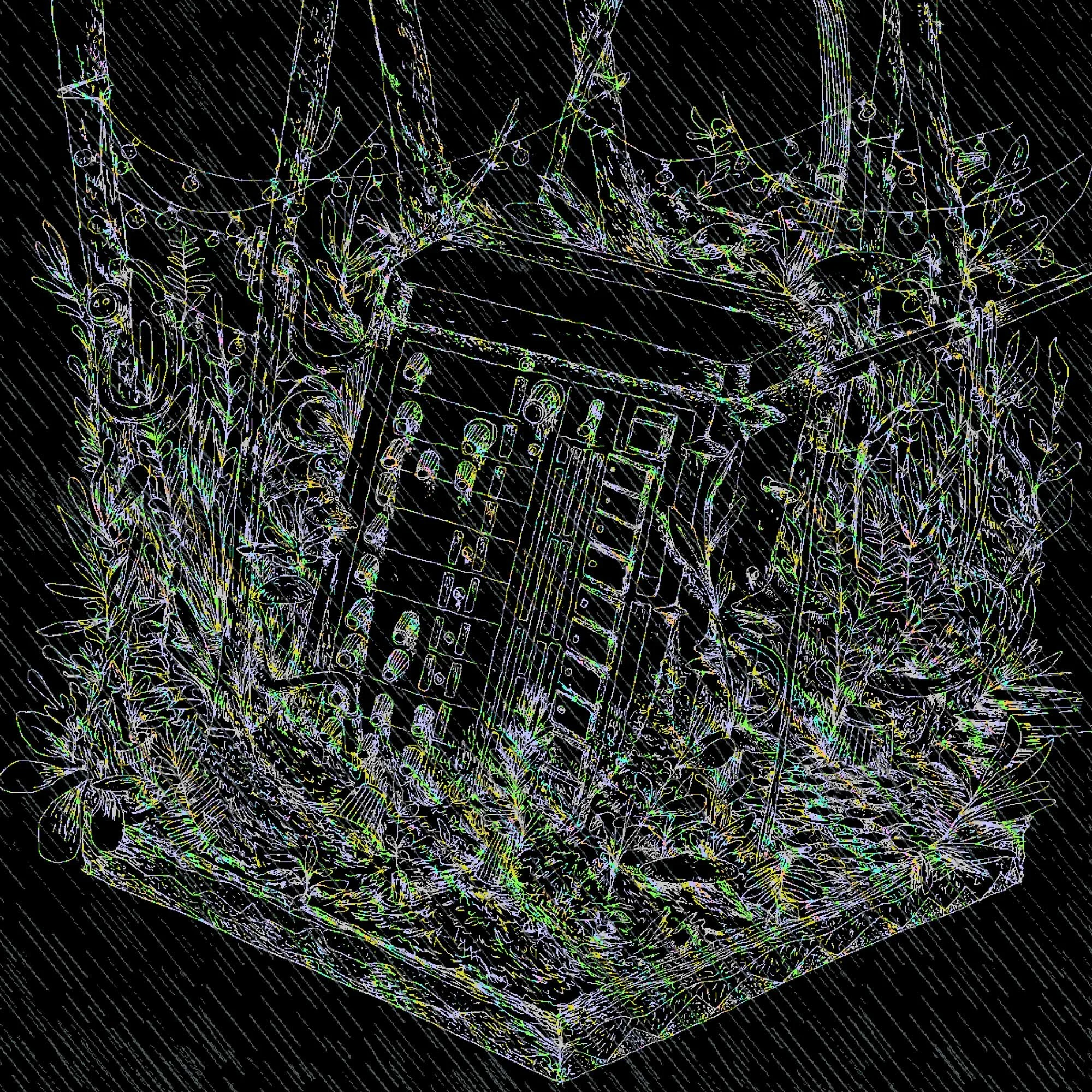 Radioactive Man record sleeve illustration by Chris Martin – dark neon line art of a DJ booth overgrown with botanical foliage on black background, commercial music artwork