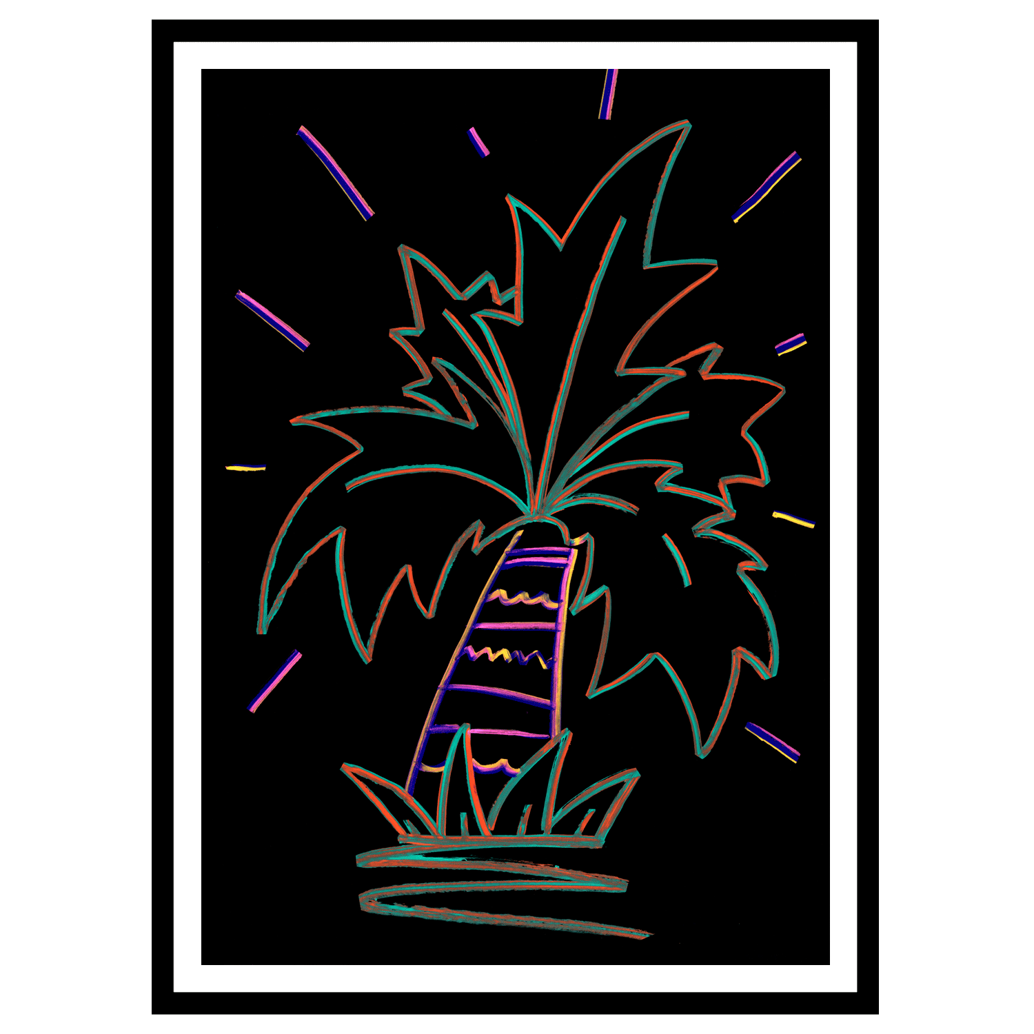 an expressive illustrated palm tree with chromatic RGB line work in teal, red, pink and yellow on a black background, with a windsurfer at its base and energy lines radiating outward.