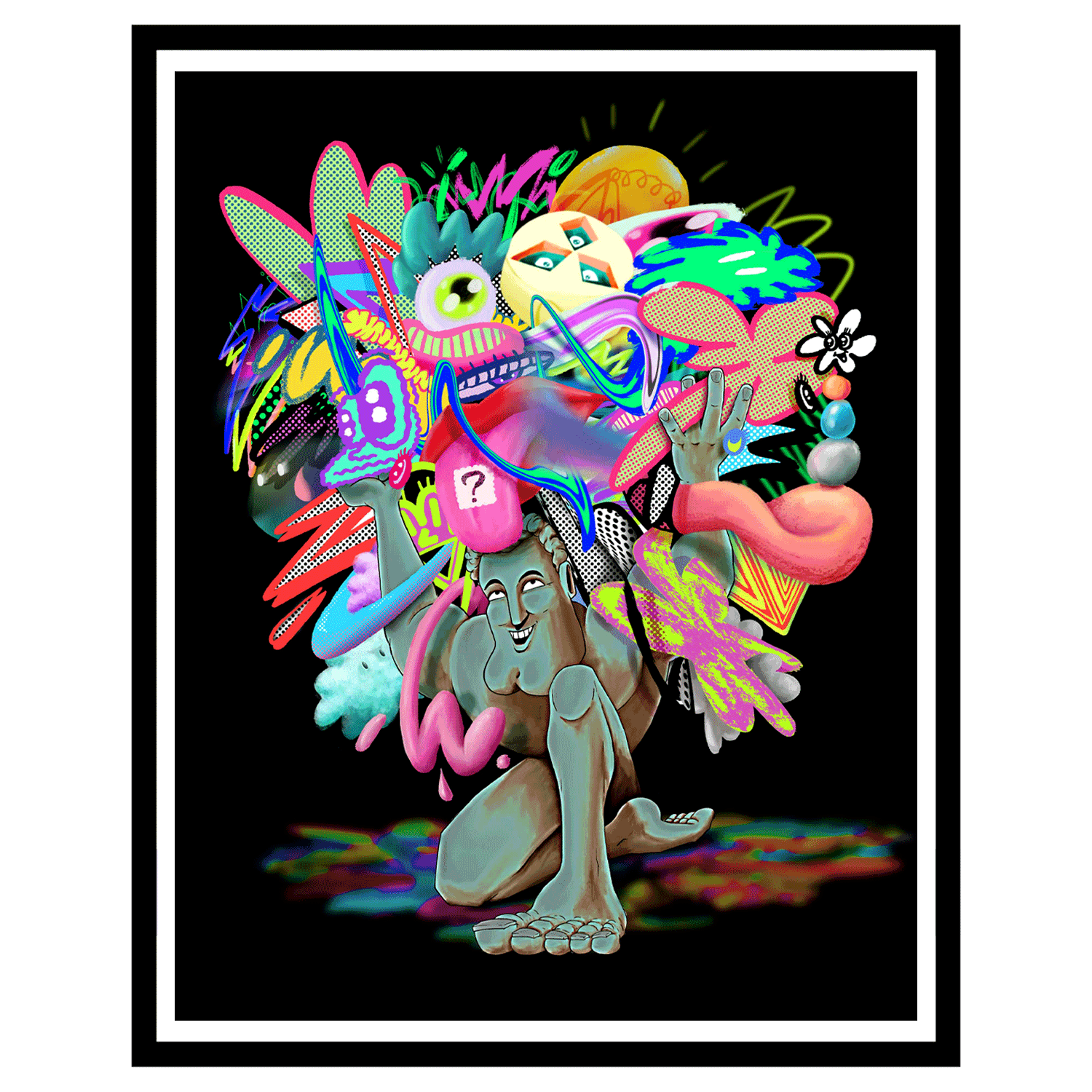 Digital painting of a classical Atlas figure eyes, mushrooms, neon shapes and halftone textures on a black background. Giclee art print by London illustrator Chris Martin.