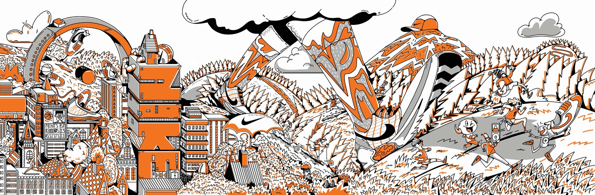 Nike Portland mural illustration detail by Chris Martin – bold orange and black line art featuring giant Nike trainers over a cityscape with basketball and sports motifs, commercial mural design for Nike