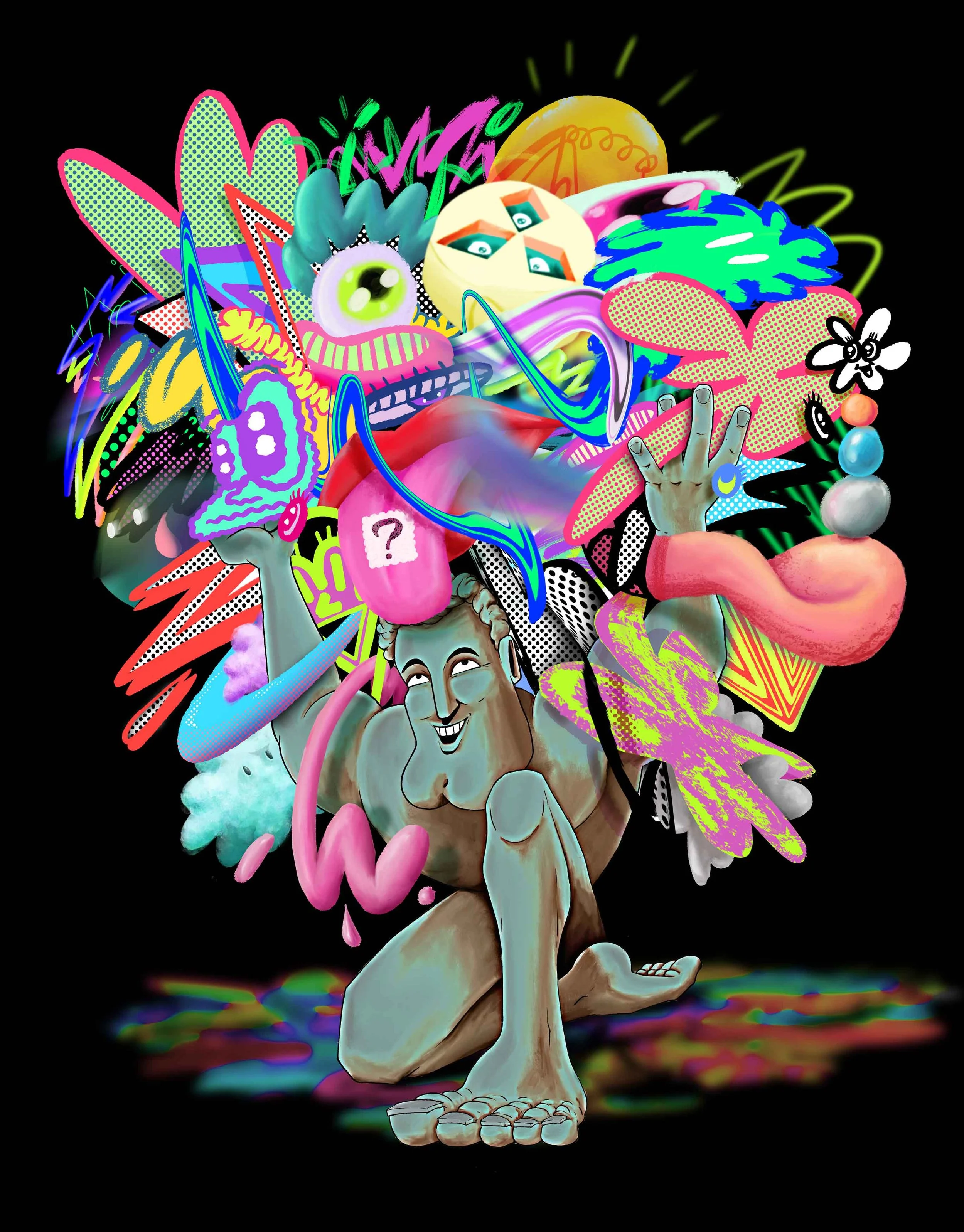 Atlas digital painting by Chris Martin – surreal pop art portrait of a laughing classical statue figure beneath an explosion of neon creatures, eyes, flowers and abstract shapes on black background, personal digital artwork