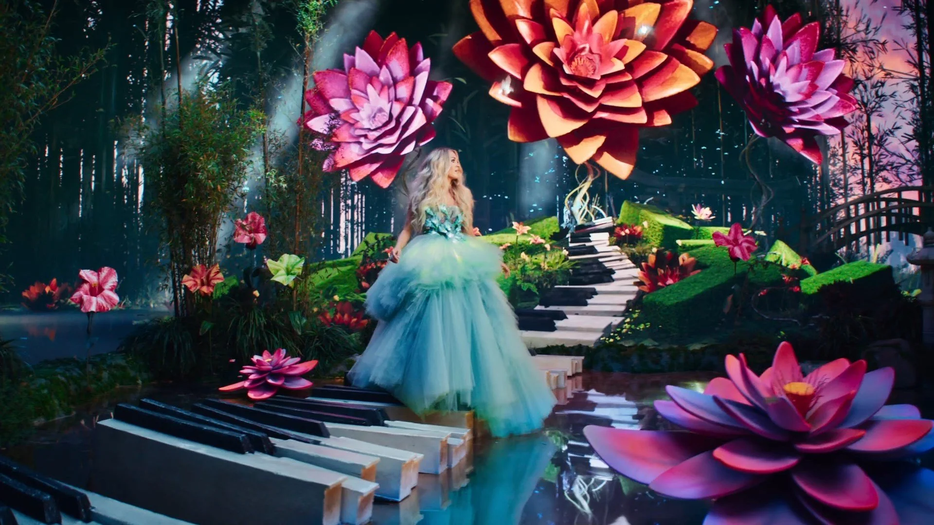 Concept set design final render by Chris Martin for Resorts World Las Vegas – enchanted garden performance stage with oversized flowers and piano-key walkway, created for PSYOP production