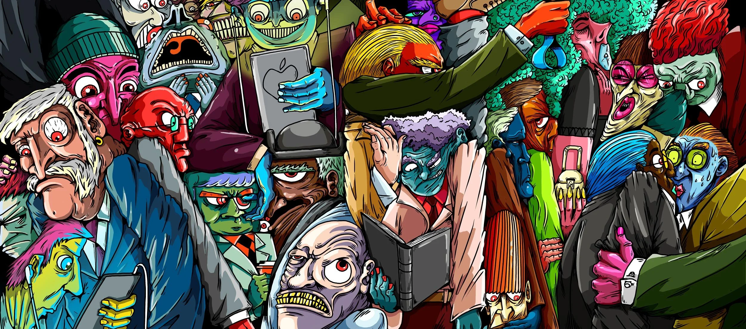 Rush Hour digital print illustration by Chris Martin – densely packed crowd of grotesque and comic cartoon characters clutching phones and books, personal digital artwor