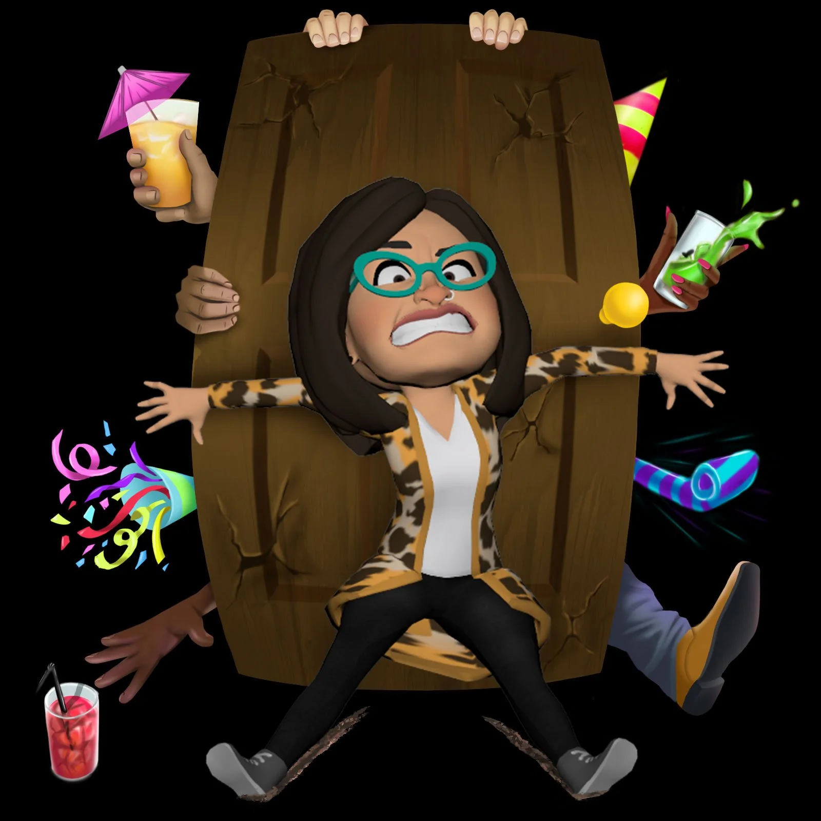 Facebook Meta sticker illustration by Chris Martin – 3D animated avatar character pinned to a barrel surrounded by party items and cocktails, commercial digital sticker artwork for Nexus Studios