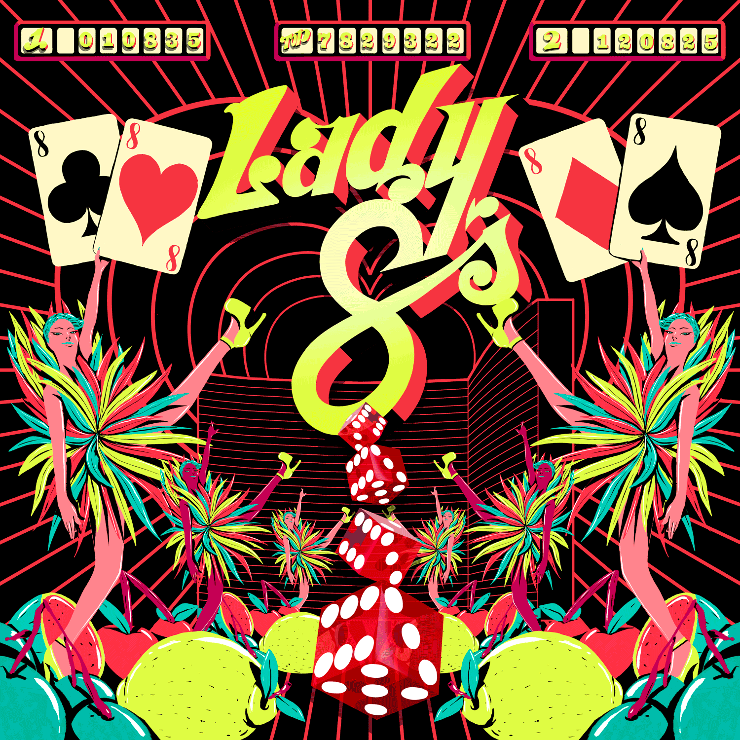 Lady 8's pinball machine cover illustration by Chris Martin – retro Las Vegas casino-themed artwork featuring playing cards, dice and showgirls, created for Resorts World Las Vegas PSYOP production