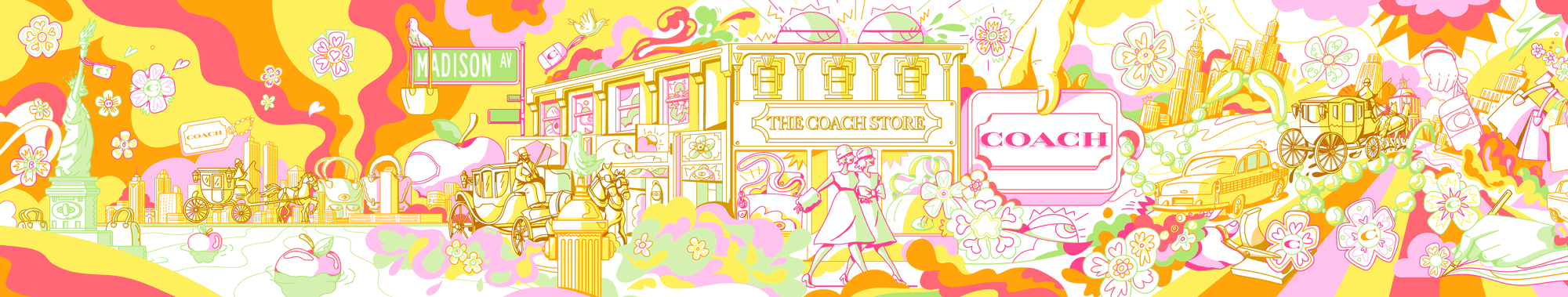 Coach flagship store installation illustration by Chris Martin – vibrant pop art mural featuring New York City skyline, vintage taxi cab, horse-drawn carriage, pearl necklace, and floral motifs in yellow, pink and orange for Coach retail
