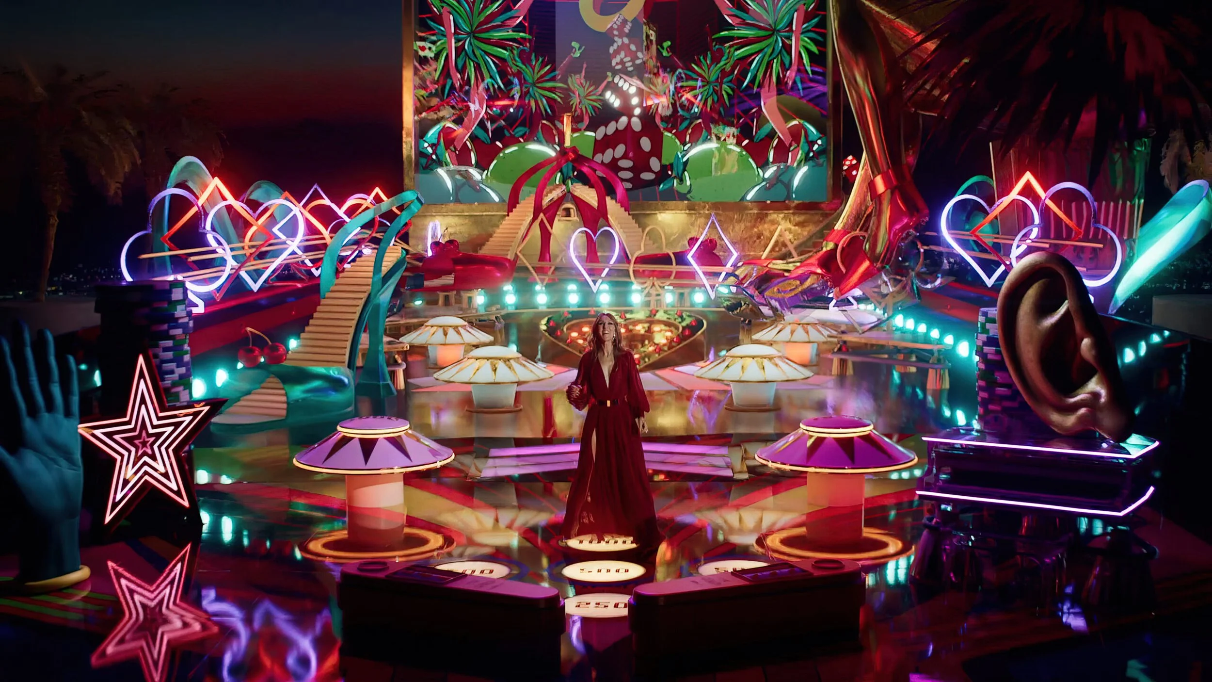 Concept set design final render by Chris Martin for Resorts World Las Vegas – glamorous casino-themed performance stage with neon card suit signs, oversized props and staircase, created for PSYOP production celine dion