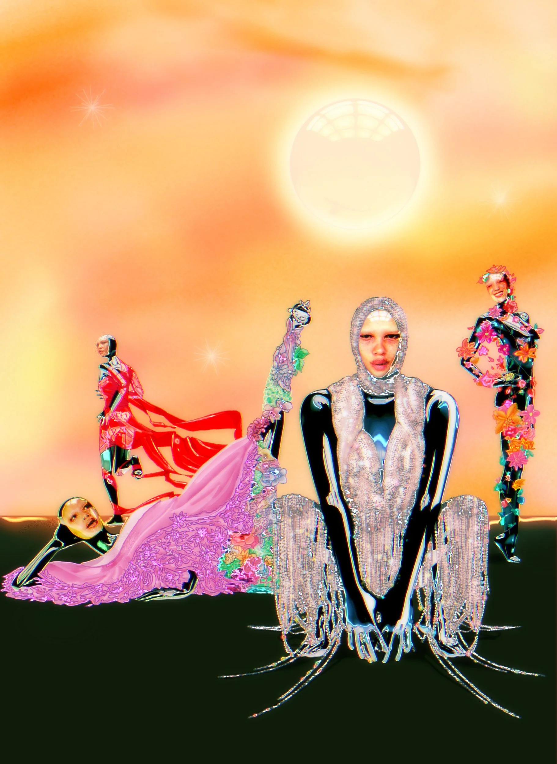 Robot mannequin fashion illustration by Chris Martin – surreal digital painting of futuristic couture figures in crystal, latex and floral garments against a glowing desert sunset, personal fashion artwork