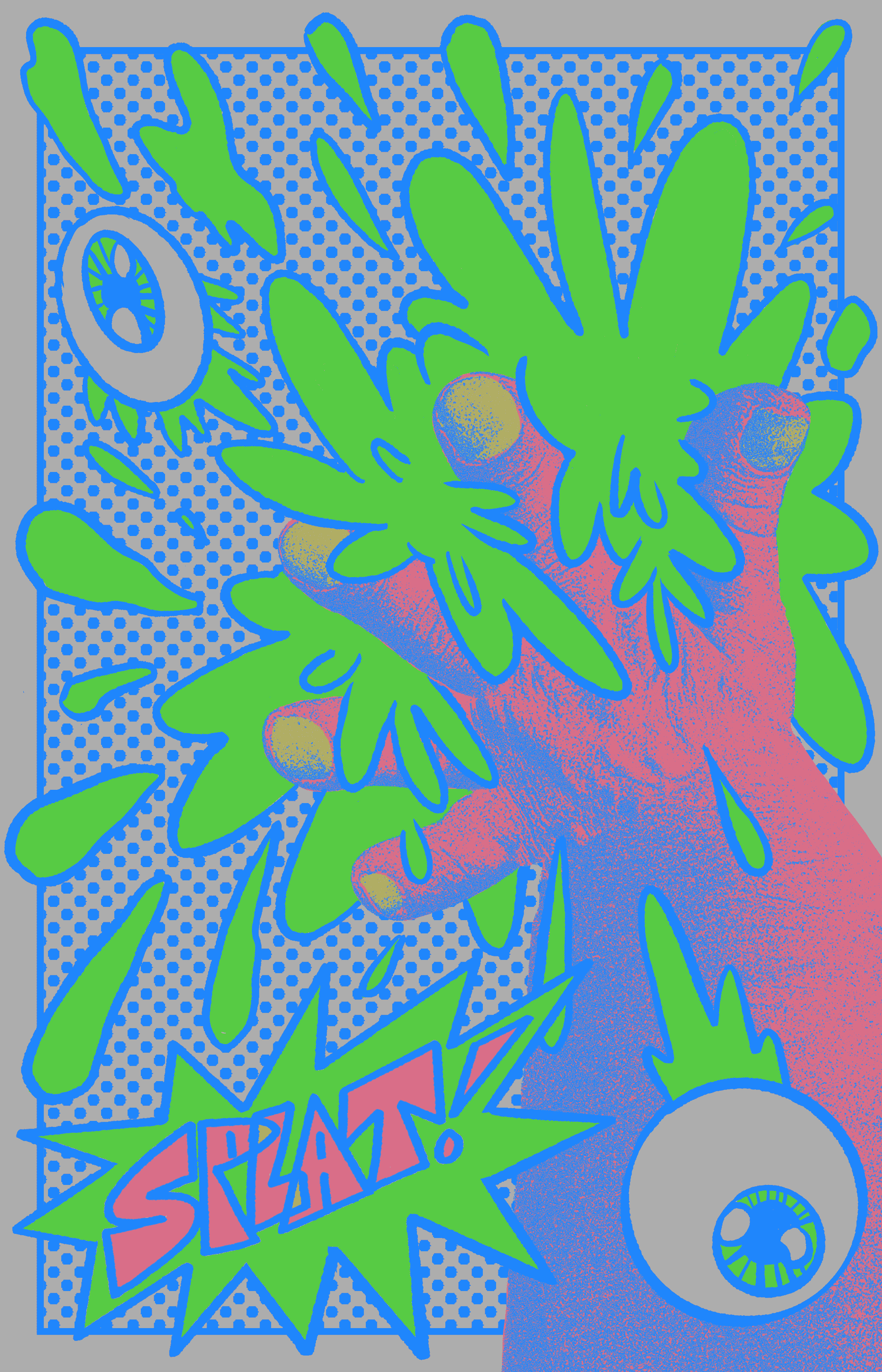 Splat Comicon sketchbook illustration by Chris Martin – bold green, pink and blue risograph-style print featuring a giant splattered hand with eyeballs and SPLAT typography on halftone background, personal sketchbook artwork