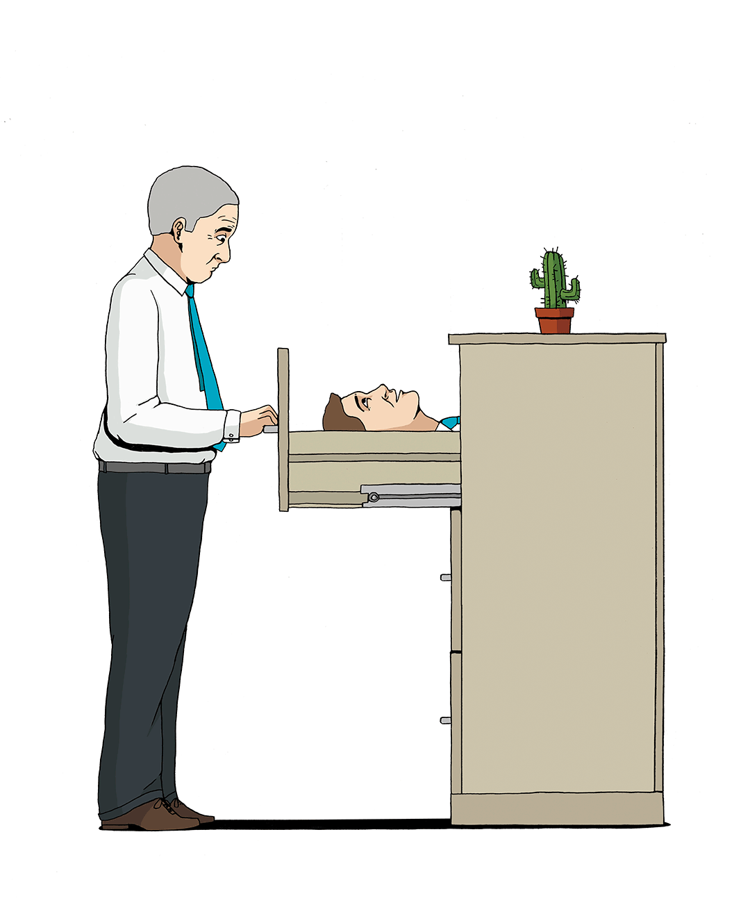 Volkswagen advertising illustration by Chris Martin – deadpan comic scene of a suited office manager discovering a sleeping colleague inside a filing cabinet drawer with a cactus on top, commercial advertising artwork for Volkswagen