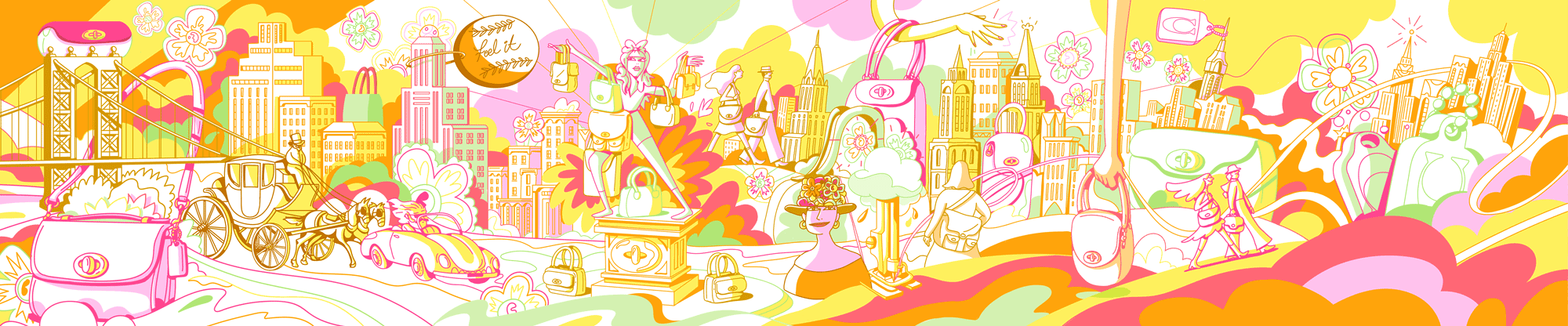 Coach flagship store installation illustration by Chris Martin – vibrant pop art mural featuring New York City skyline, vintage taxi cab, horse-drawn carriage, pearl necklace, and floral motifs in yellow, pink and orange for Coach retail