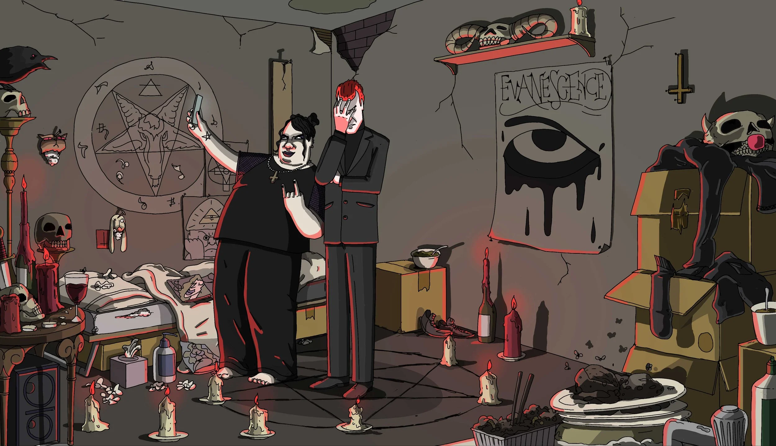 Devil May Care TV series character design illustration by Chris Martin – dark comedy style frame featuring gothic bedroom scene with occult symbols, candles and goth characters, commercial animation artwork