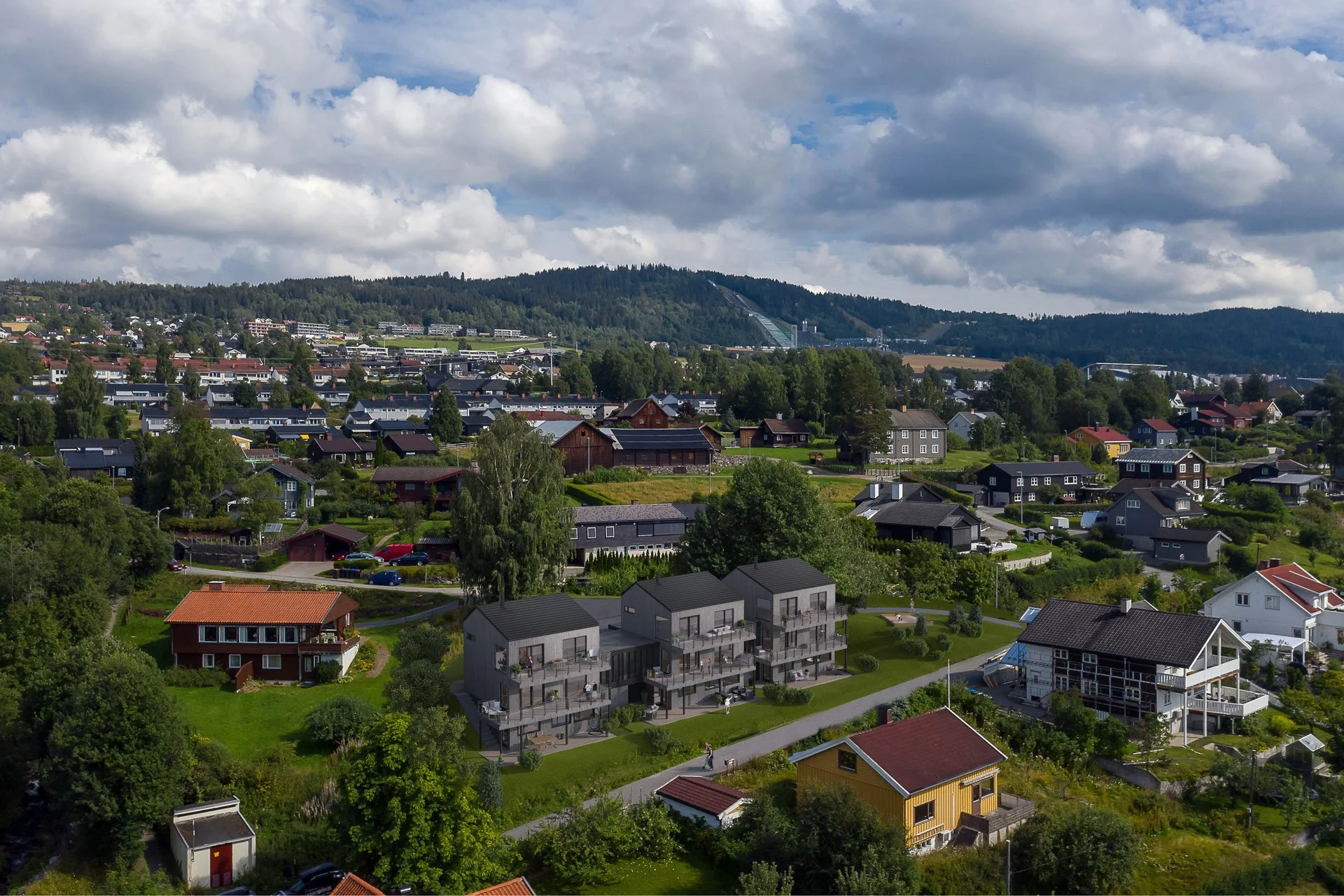 A scenic view of a residential neighborhood with various houses, greenery, and trees set against a hilly backdrop with cloudy skies.