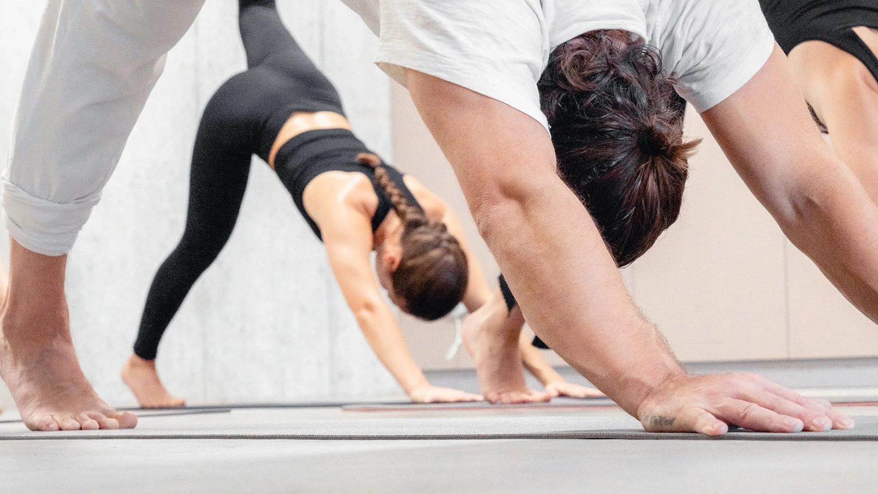 People practicing yoga in downward dog pose in a studio.