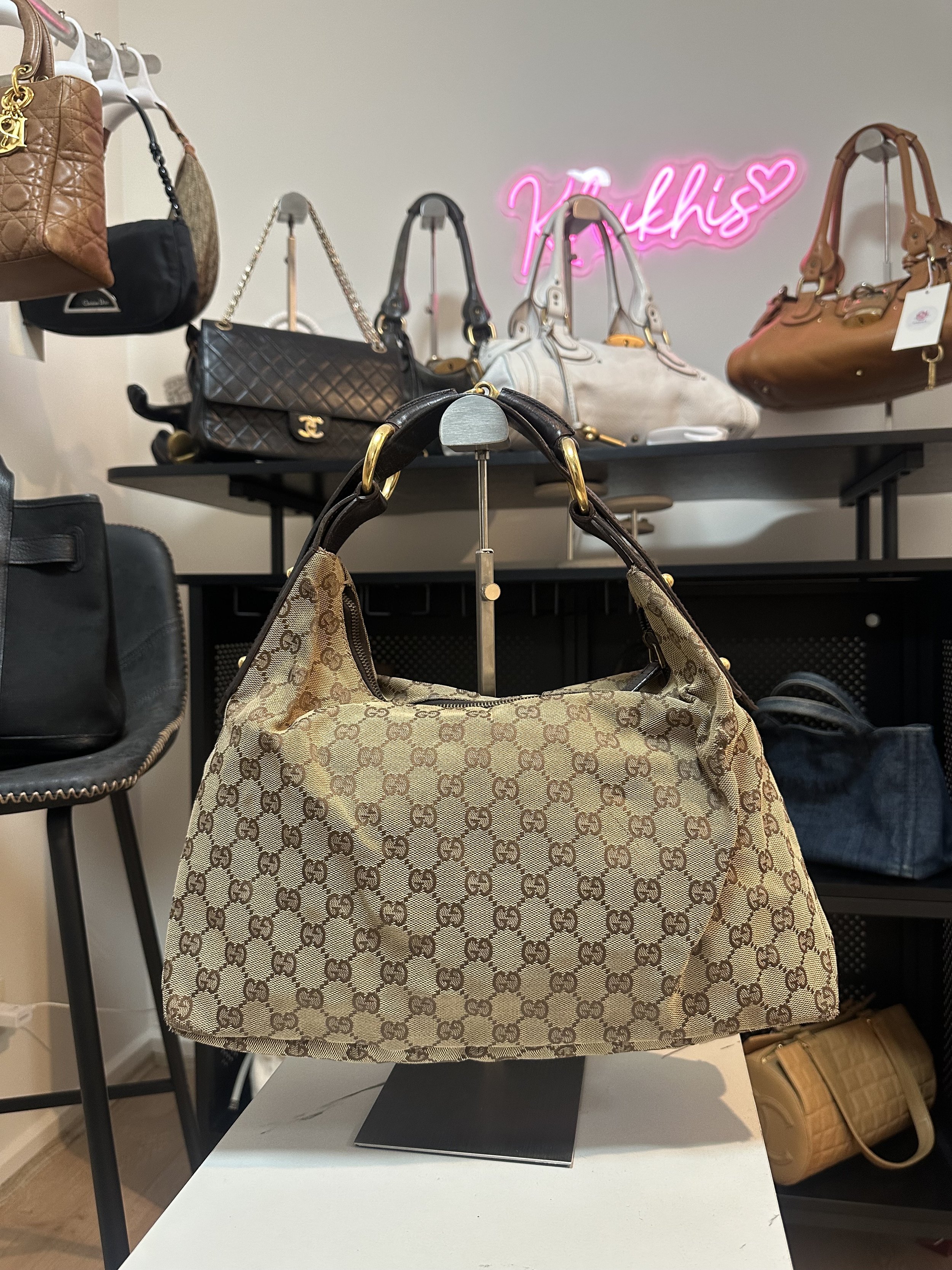 Gucci Beige Canvas Large Horsebit Hobo Shoulder Bag