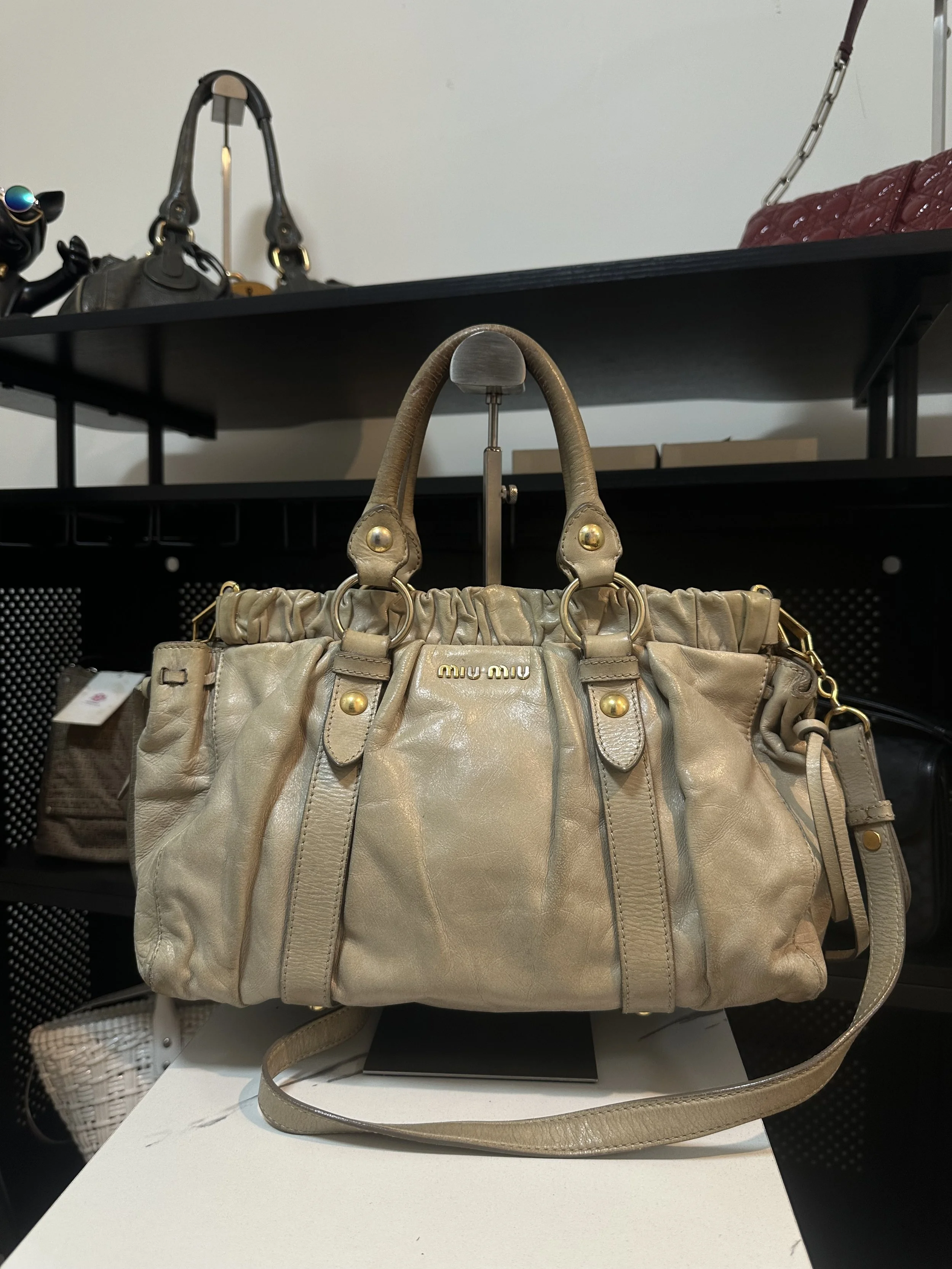 Miu Miu Olive Beige Leather Vitello Lux Handbag