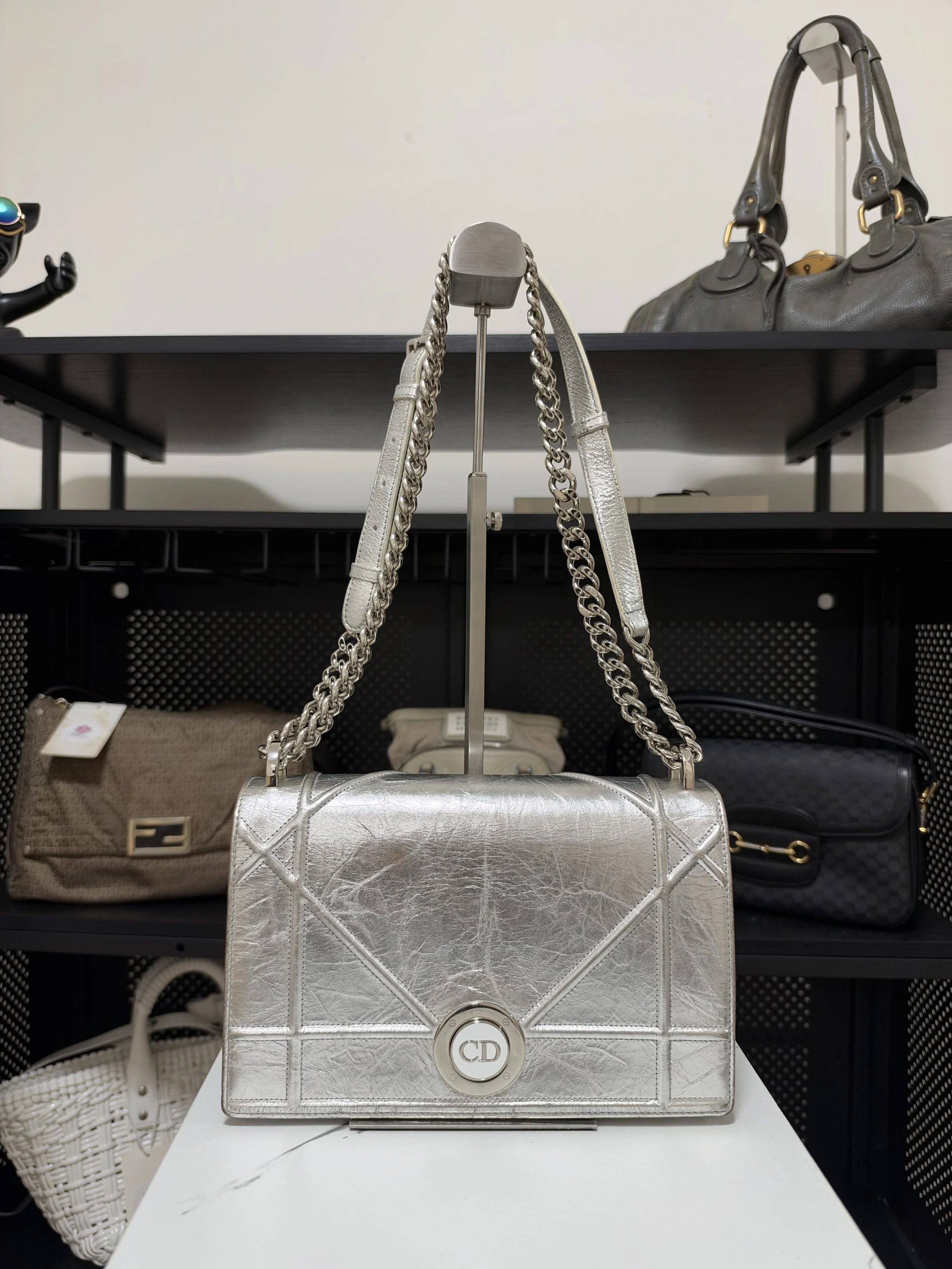Dior Silver Crinkled Leather Diorama Flap Bag