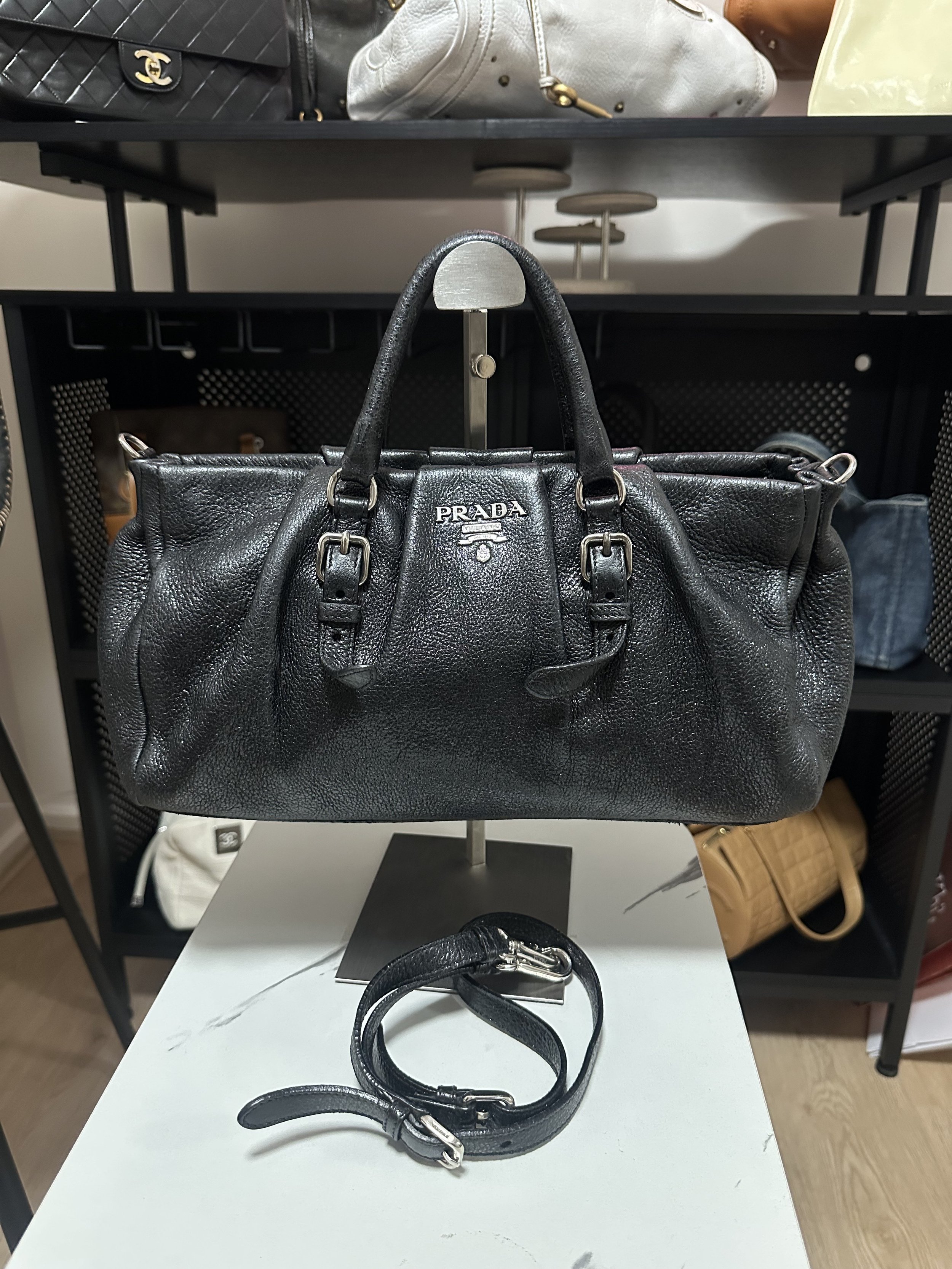 Prada Black Leather Satchel Pony Style Handbag