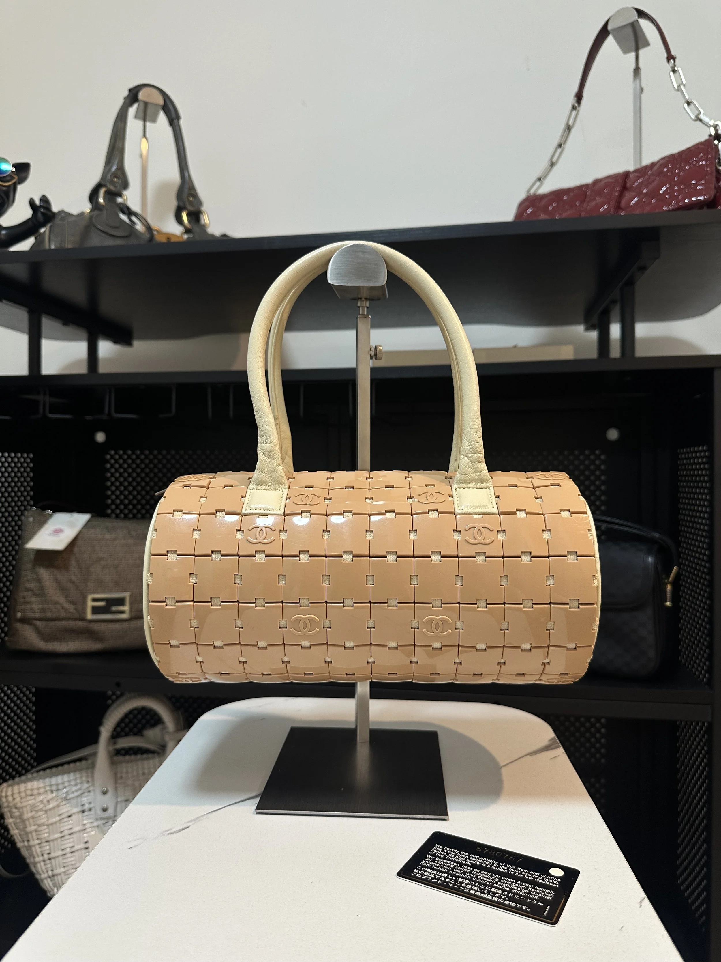 Chanel Beige Puzzle Block Barrel Handbag