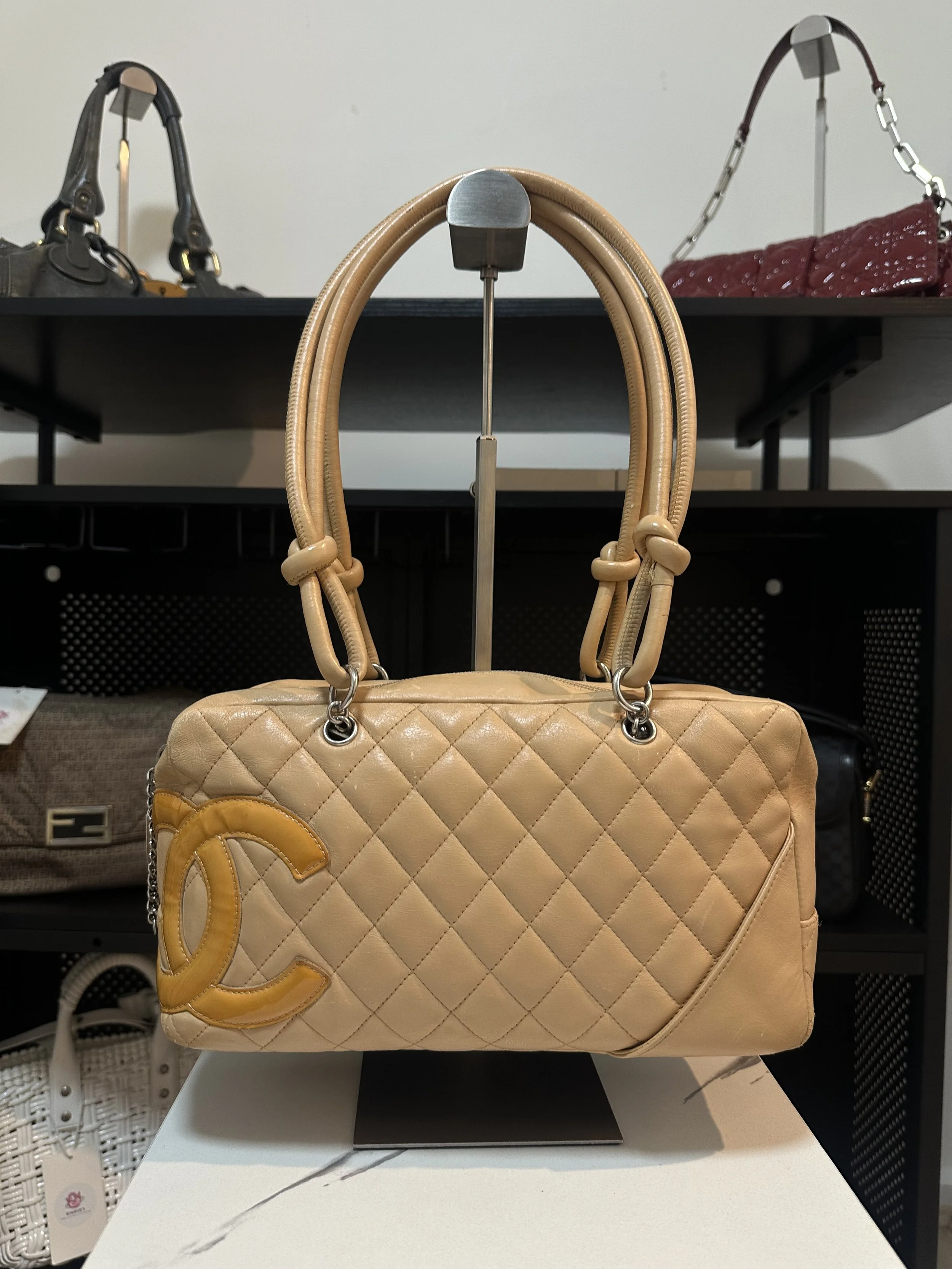 Chanel Beige and Orange Leather Cambon Ligne Bowling Bag