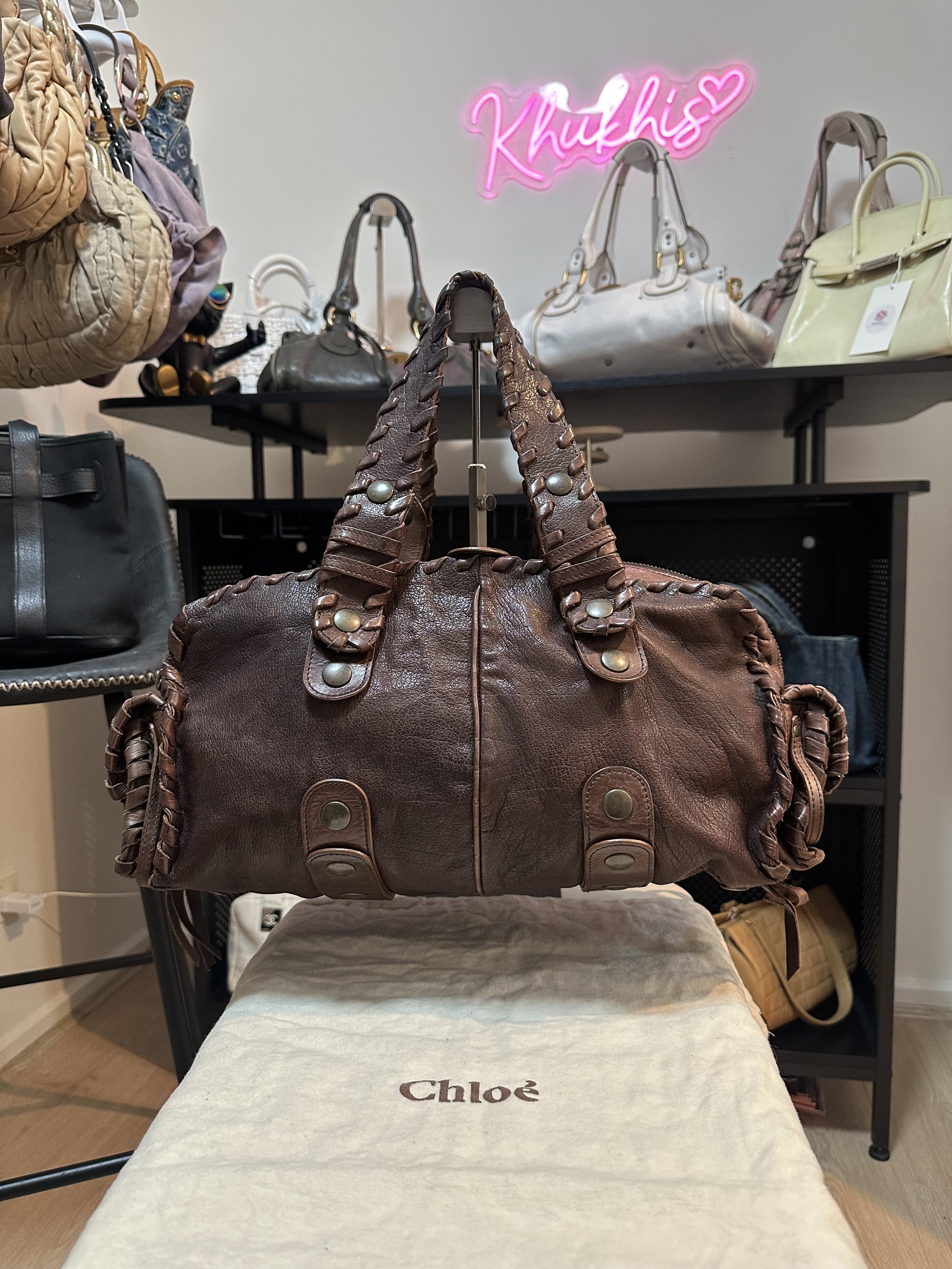 Chloe Brown Leather Large Pocket Whipstitched Silverado Shoulder Bag