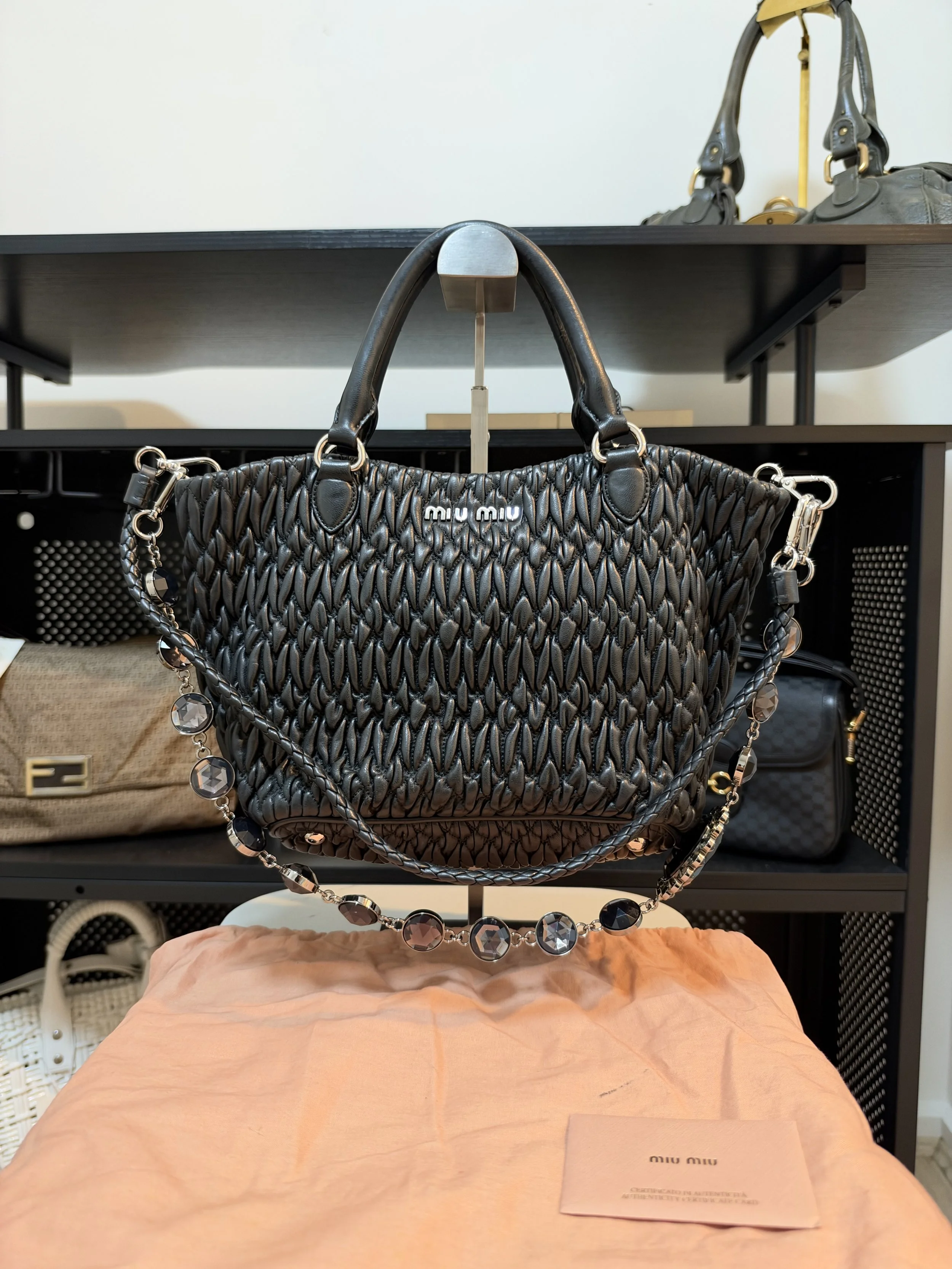 Miu Miu Black Leather Nappa Crystal Matalasse Tote