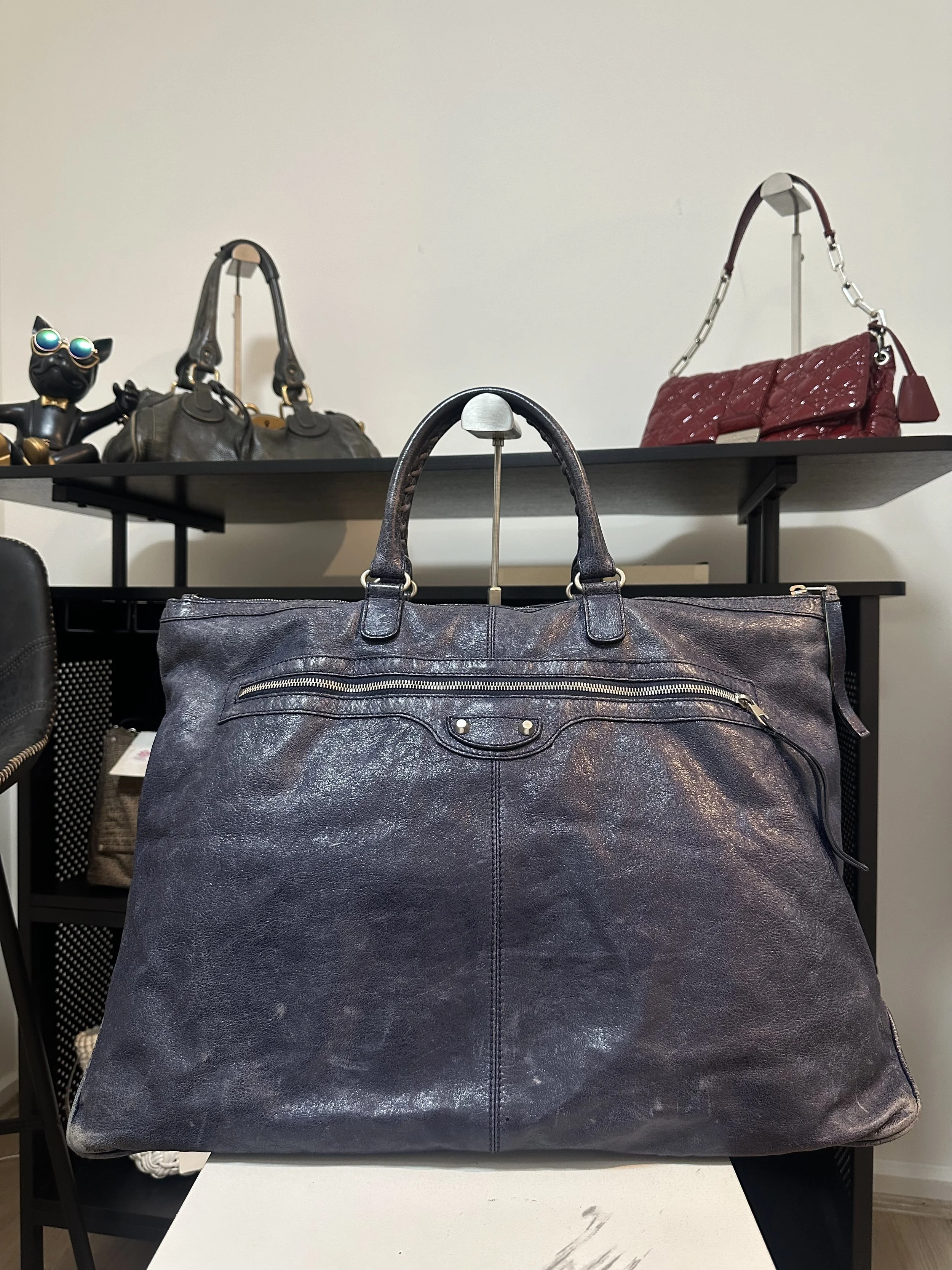 Balenciaga Navy Blue Leather Arena Motorcycle Travel Bag